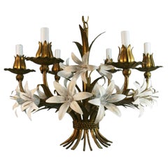 Retro Mid Century Gilt Tole Italian Flower Six-Light Chandelier