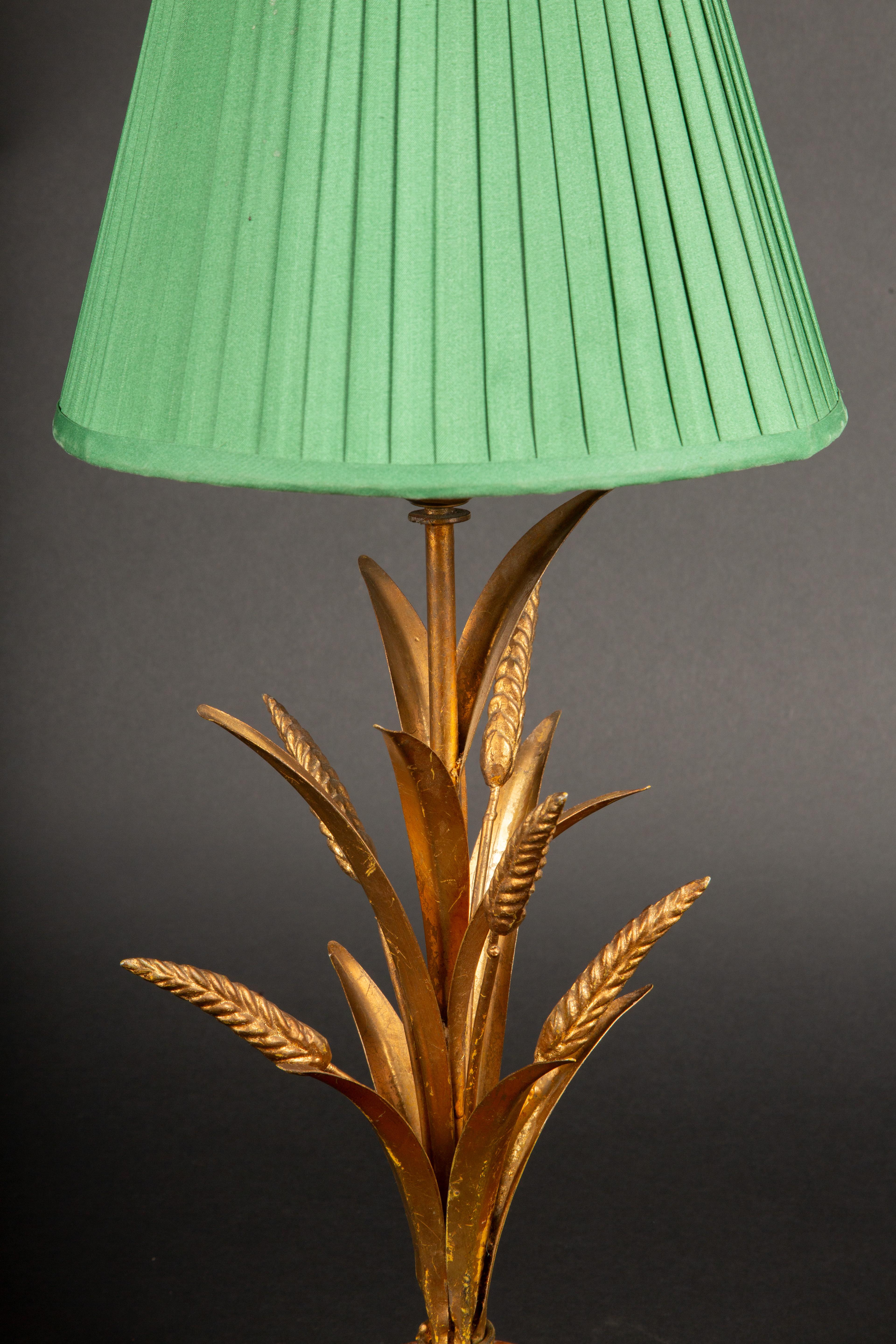 French Mid-Century Gilt Wheat Sheaf Table Lamp on Wooden Base
