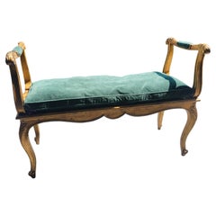 Mid-Century Giltwood Bench Window Seat with Carved Detail Caning a Down Cushion