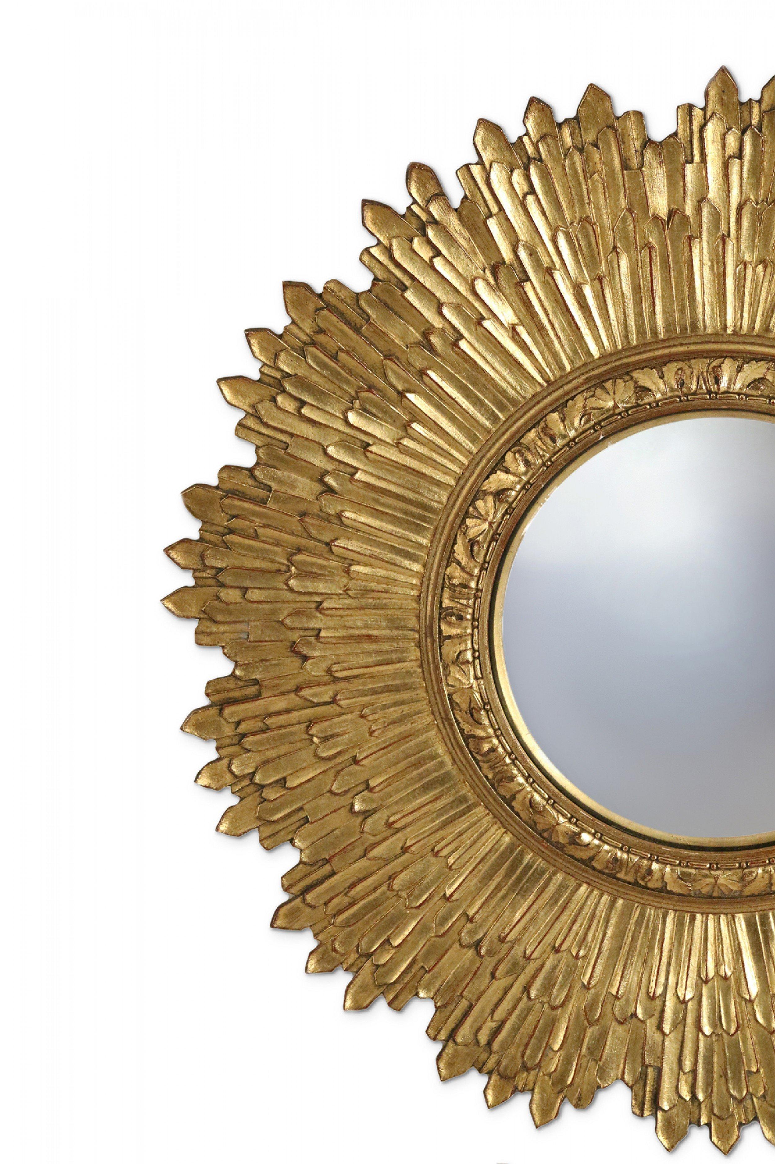 Midcentury sunburst wall mirror with a carved giltwood frame and a convex central mirror.