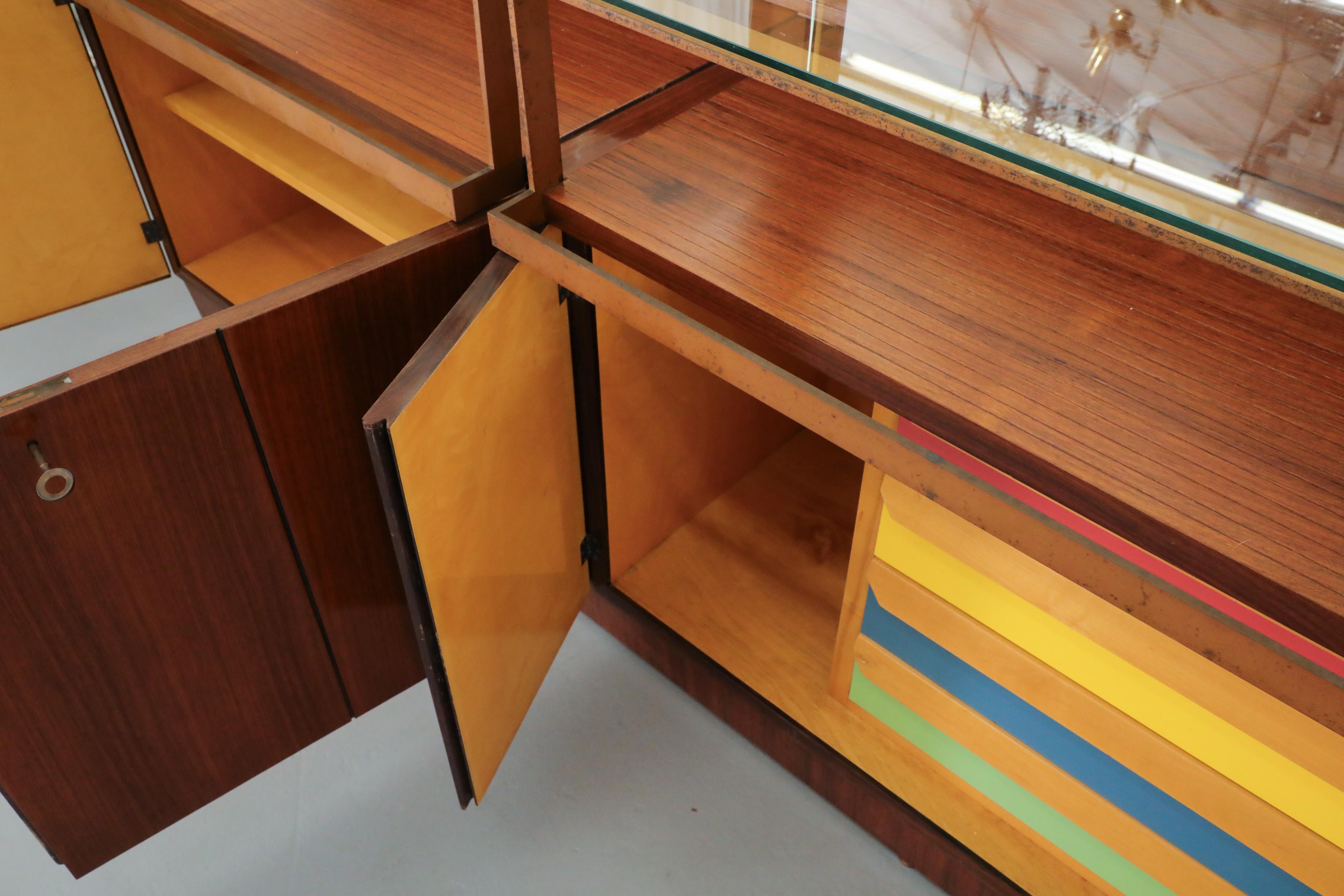 Ico Parisi Attributed, Teak Wall Display Unit with Multi-Colored Drawers For Sale 4