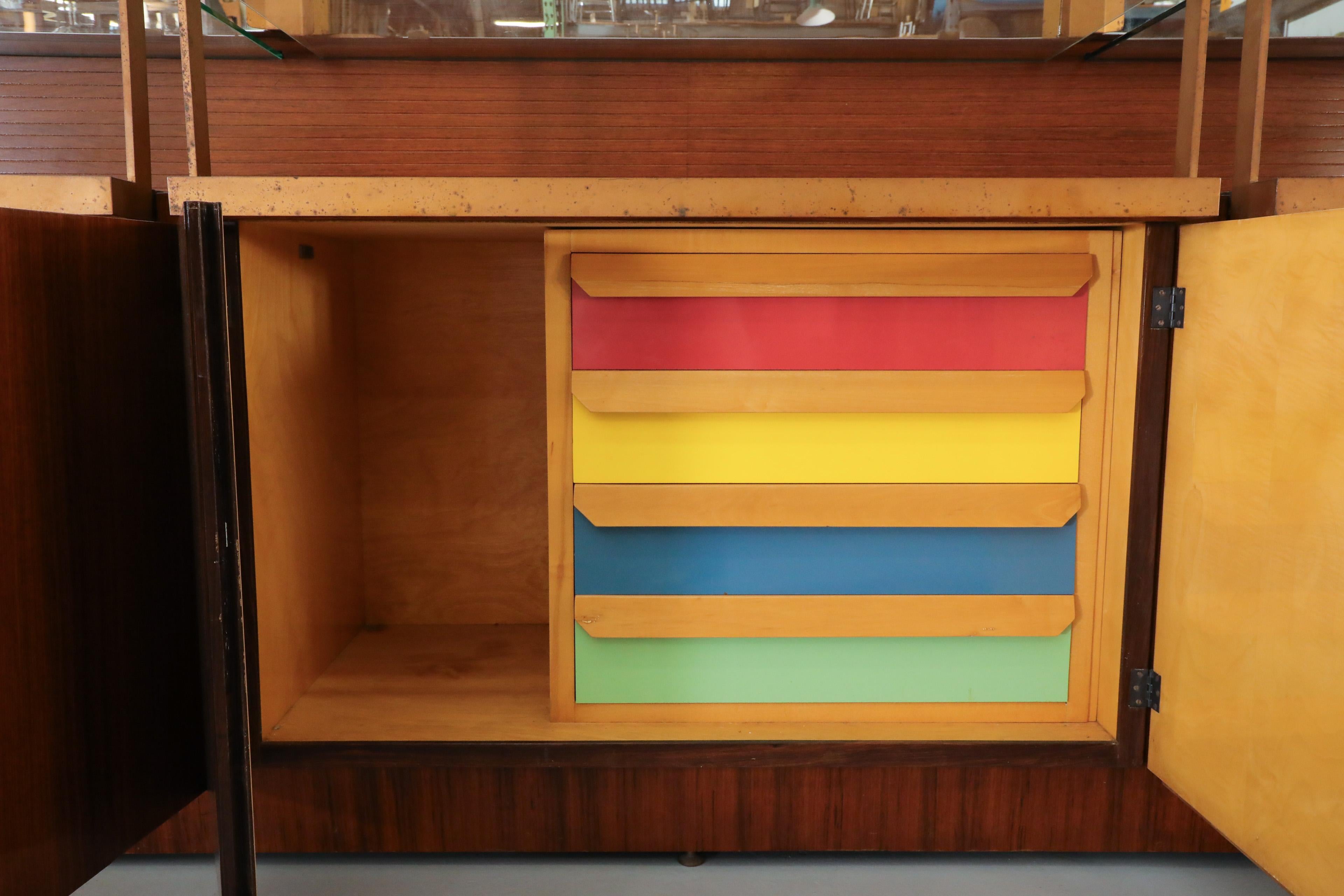 Ico Parisi Attributed, Teak Wall Display Unit with Multi-Colored Drawers For Sale 5