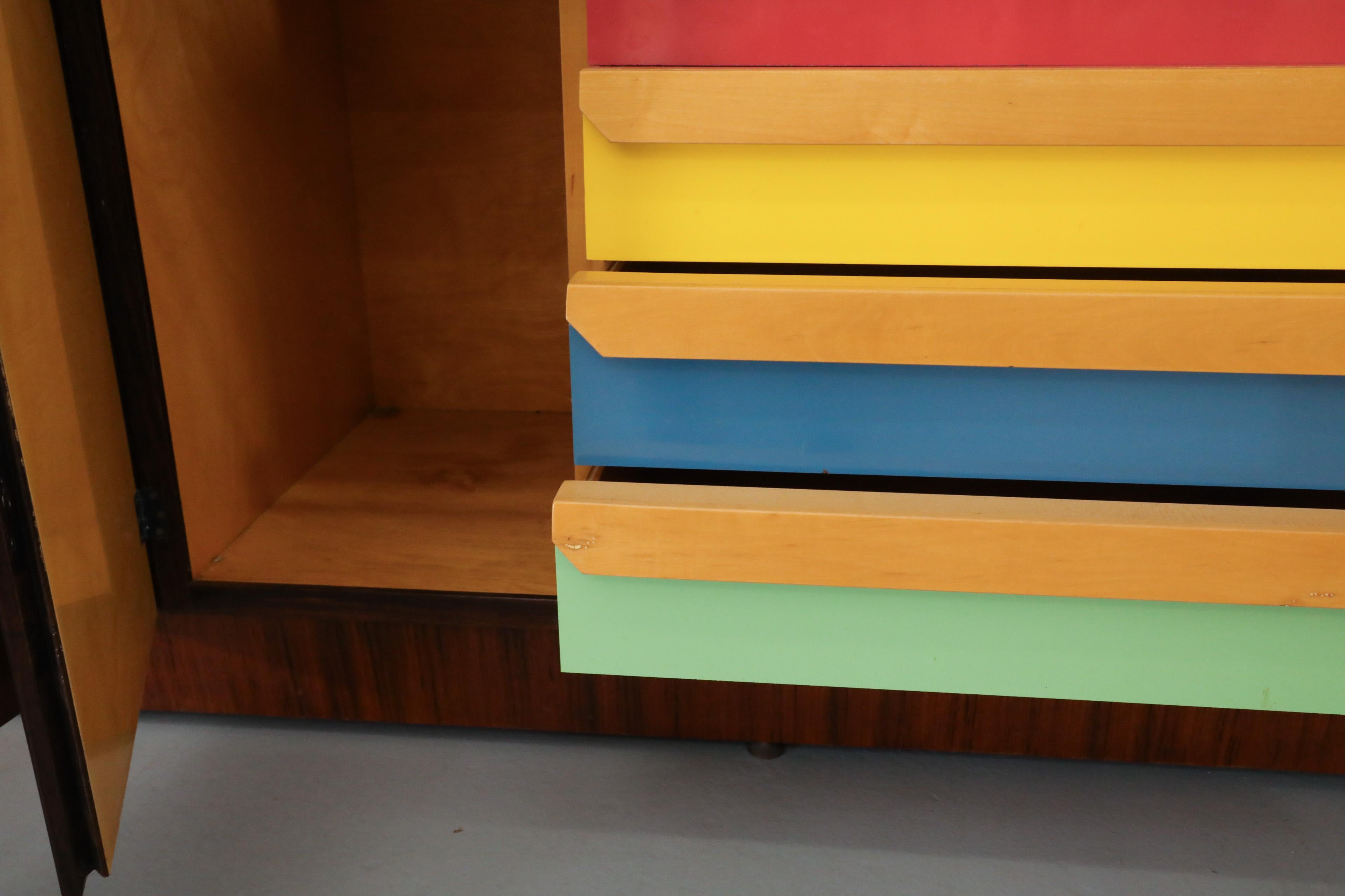Ico Parisi Attributed, Teak Wall Display Unit with Multi-Colored Drawers For Sale 6