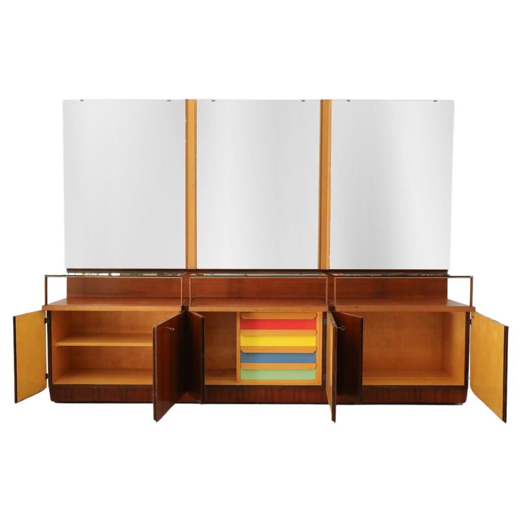 Mid-Century Gio Ponti Attributed Teak Wall Display Unit w/ Multi-Colored Drawers