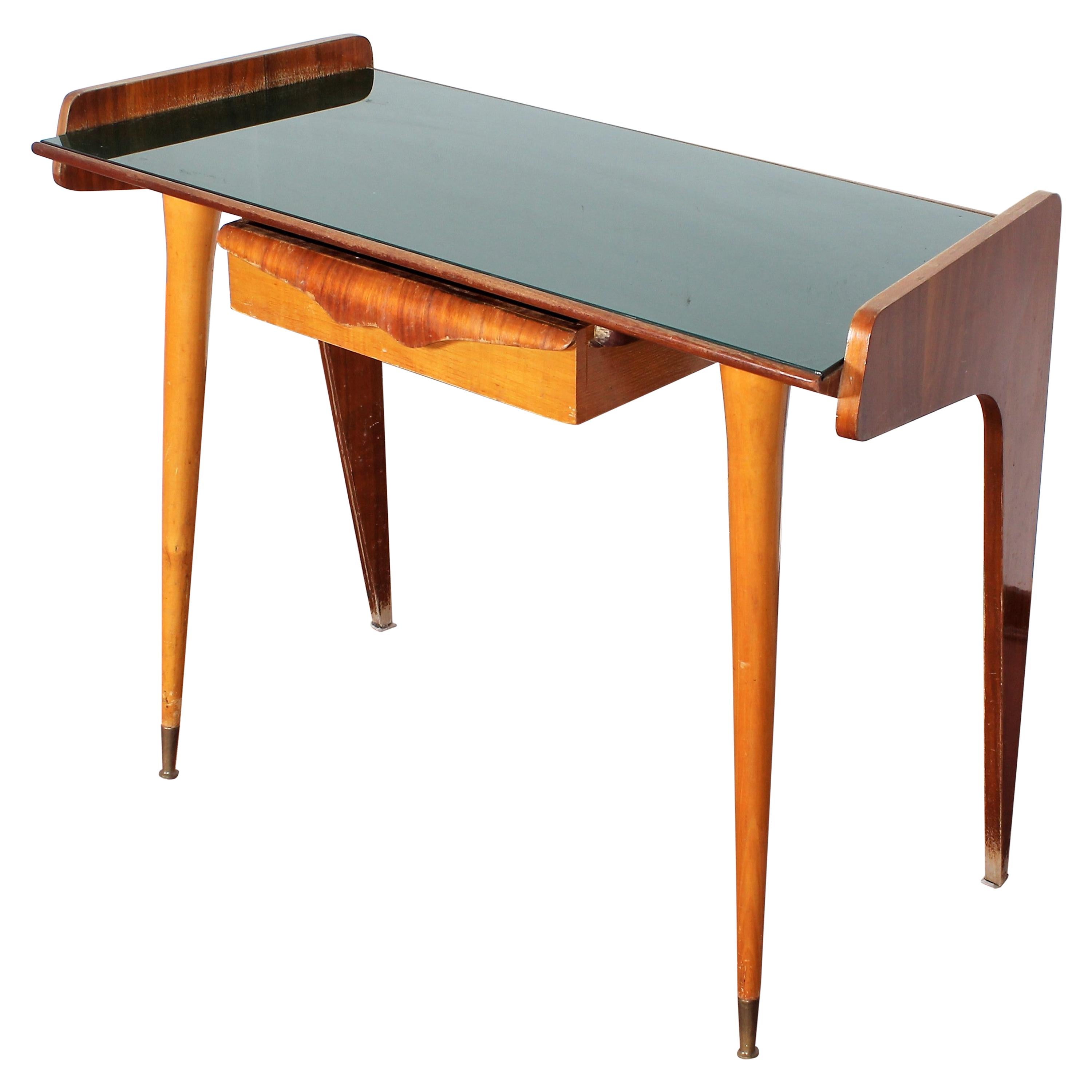 Midcentury Gio Ponti Maple Wood Console with Green Glass, Italy, 1950s
