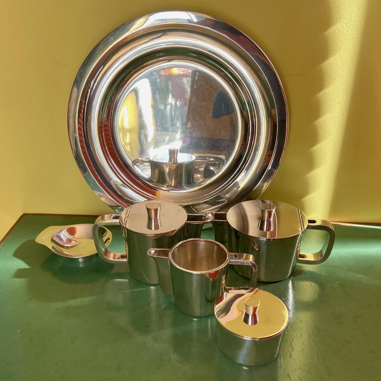 Metal Mid-Century Gio Ponti Silver Plated Coffee and Tea set on a tray, A.Krupp Milano For Sale