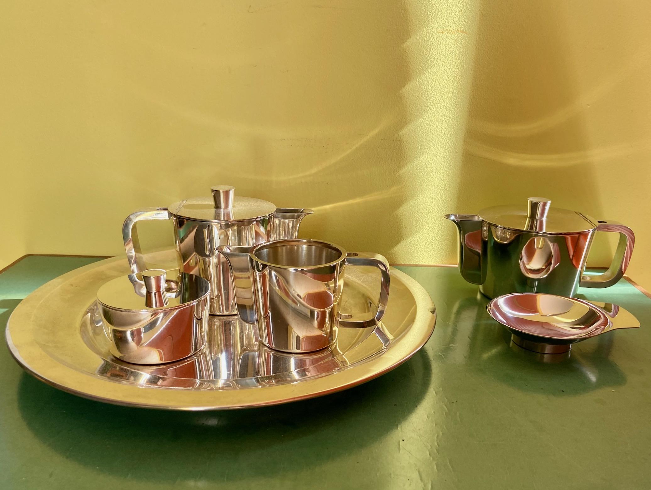 Silvered Mid-Century Gio Ponti Silver Plated Coffee and Tea set on a tray, A.Krupp Milano For Sale