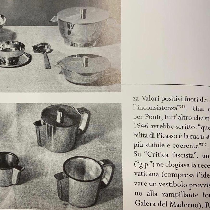 Gio Ponti silver plated metal coffee pot (53cl) designed for the VI Triennale, and a tiny Arthur Krupp dish, 1930s-1950s.
This coffee pot seems to never have been used!
provenance Abner's hotel
Literature: Gio Ponti: Interni, Oggetti, Disegni