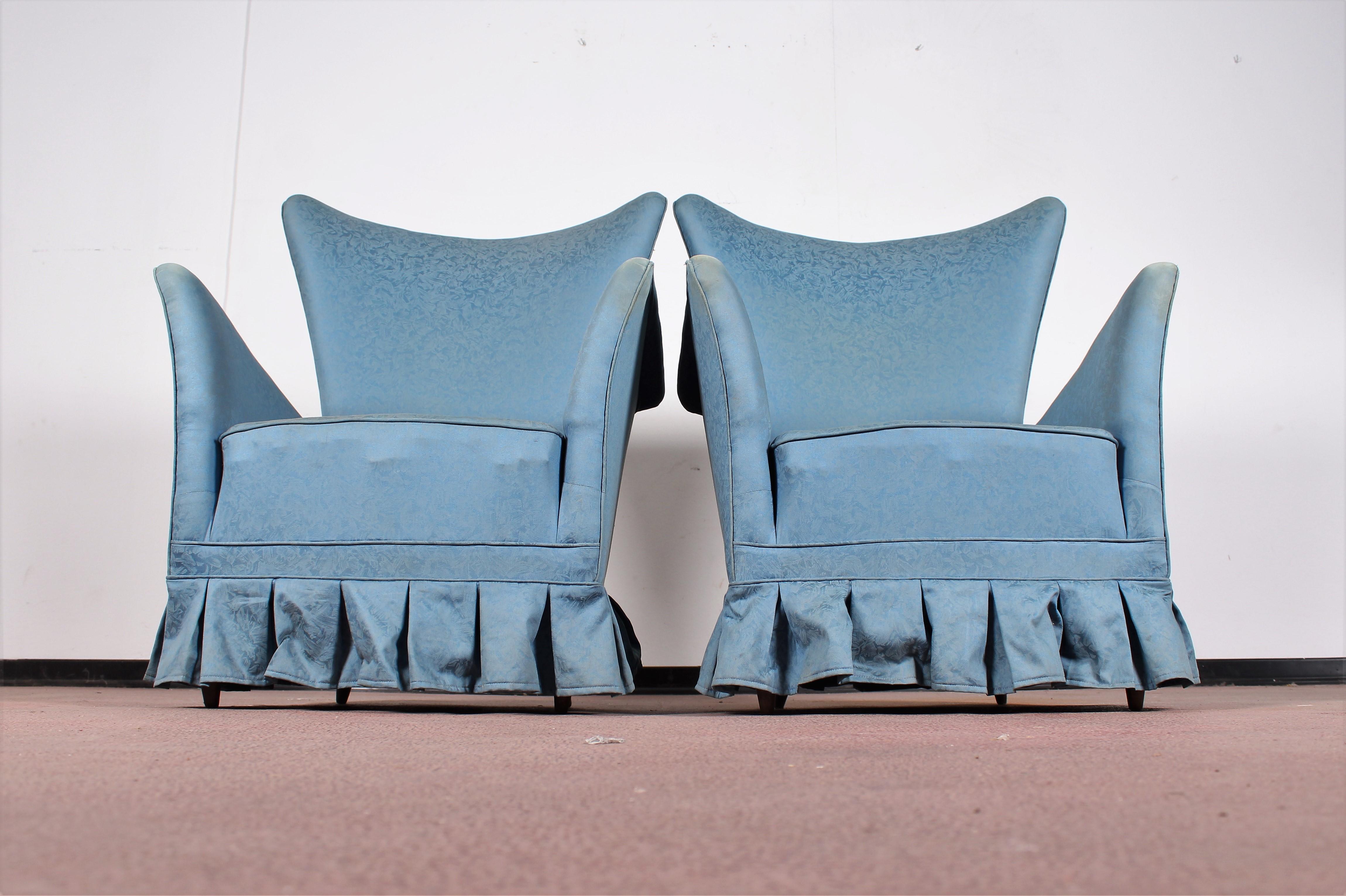 Midcentury Gio Ponti Style Blue Fabric Armchair, Set of 2, 1950s, Italy 8