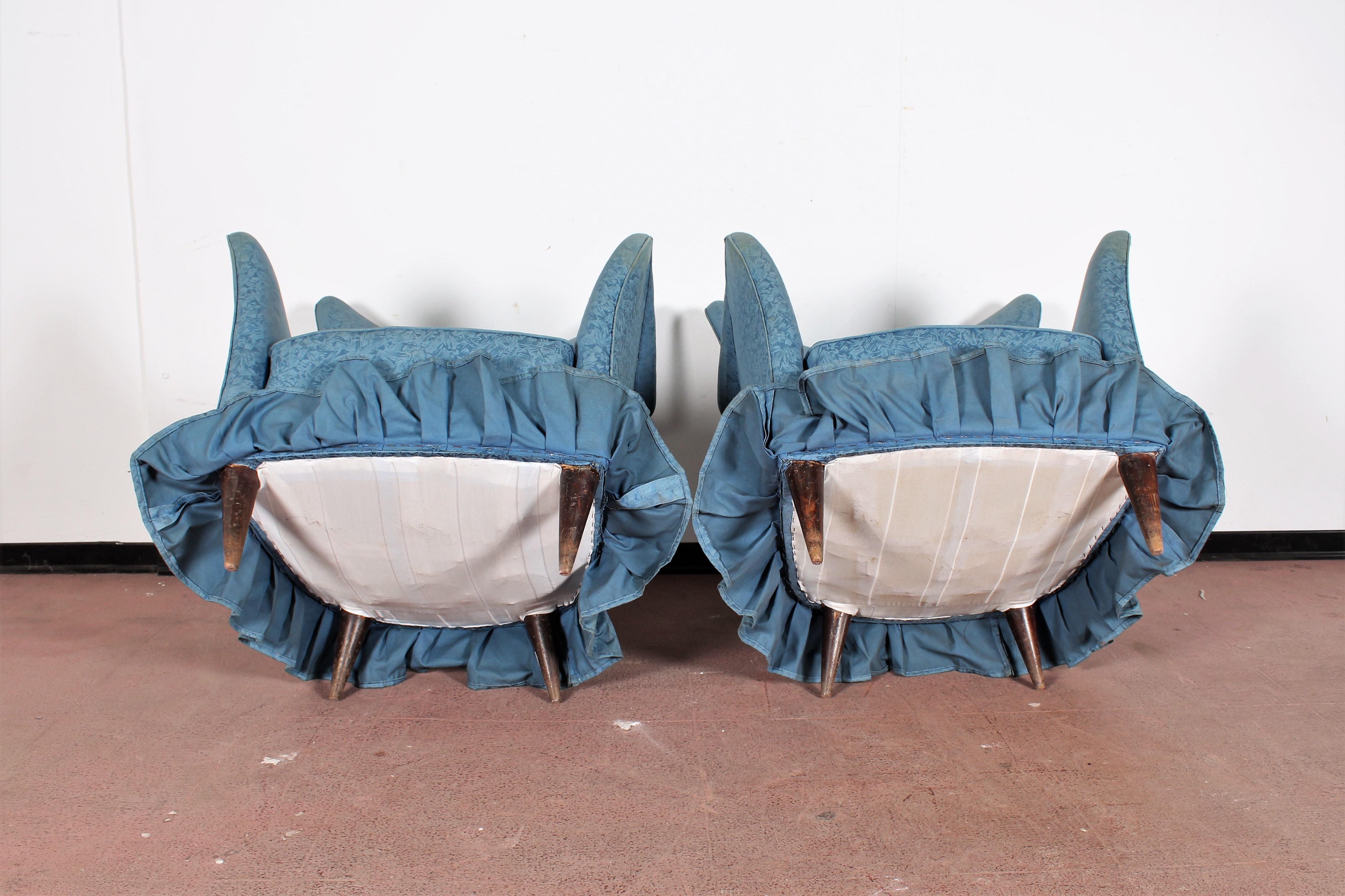 Midcentury Gio Ponti Style Blue Fabric Armchair, Set of 2, 1950s, Italy 9