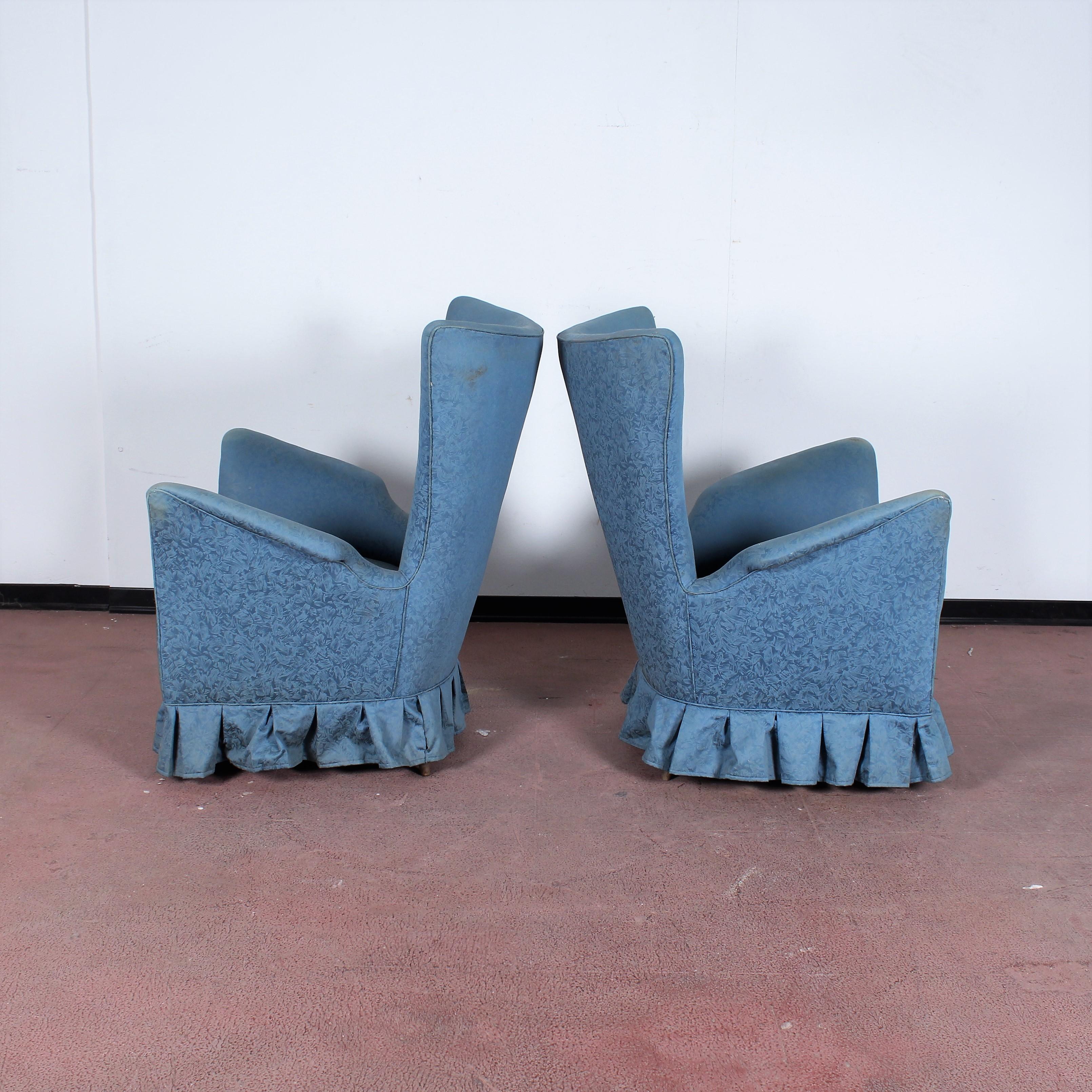 Mid-Century Modern Midcentury Gio Ponti Style Blue Fabric Armchair, Set of 2, 1950s, Italy