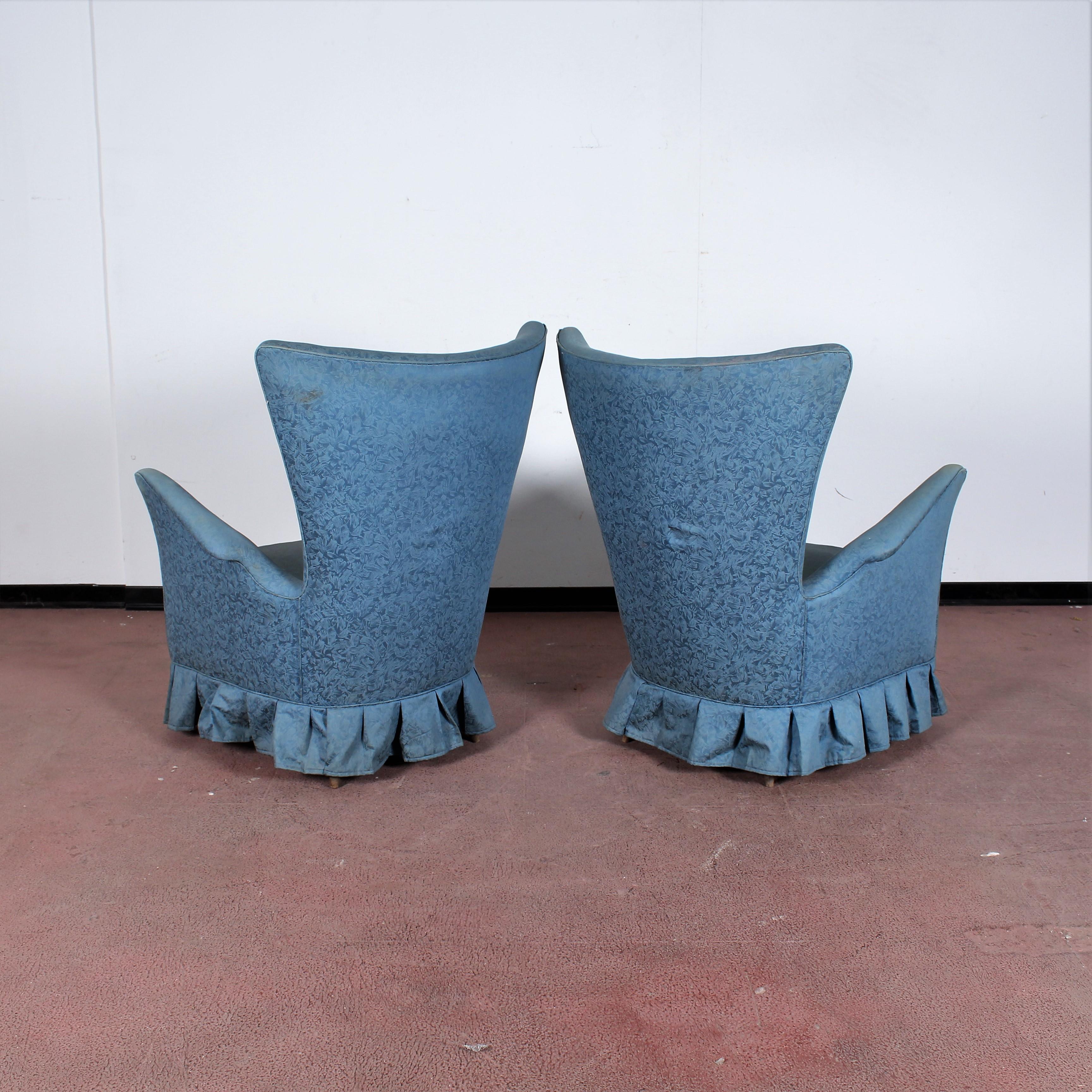 Italian Midcentury Gio Ponti Style Blue Fabric Armchair, Set of 2, 1950s, Italy