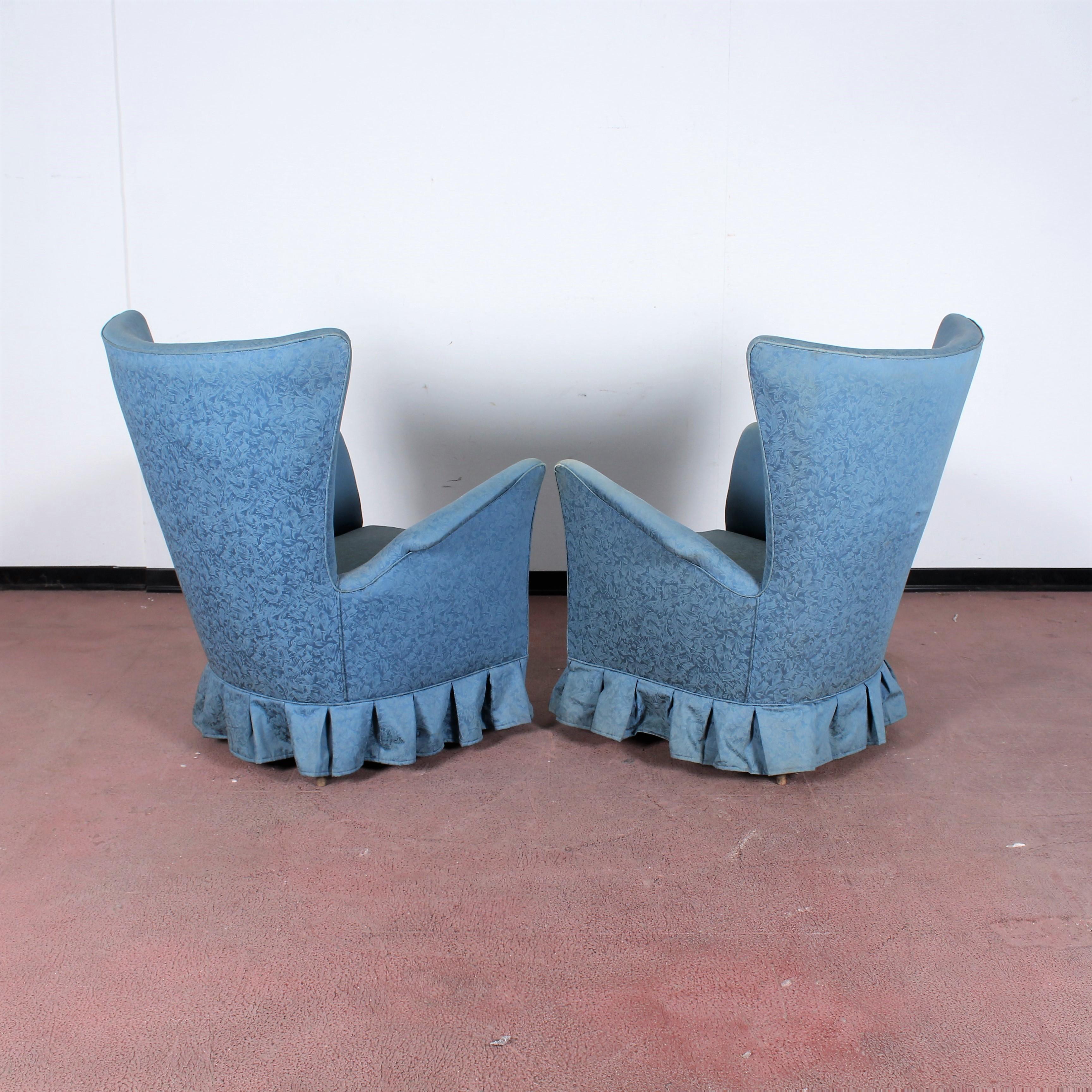 Mid-20th Century Midcentury Gio Ponti Style Blue Fabric Armchair, Set of 2, 1950s, Italy