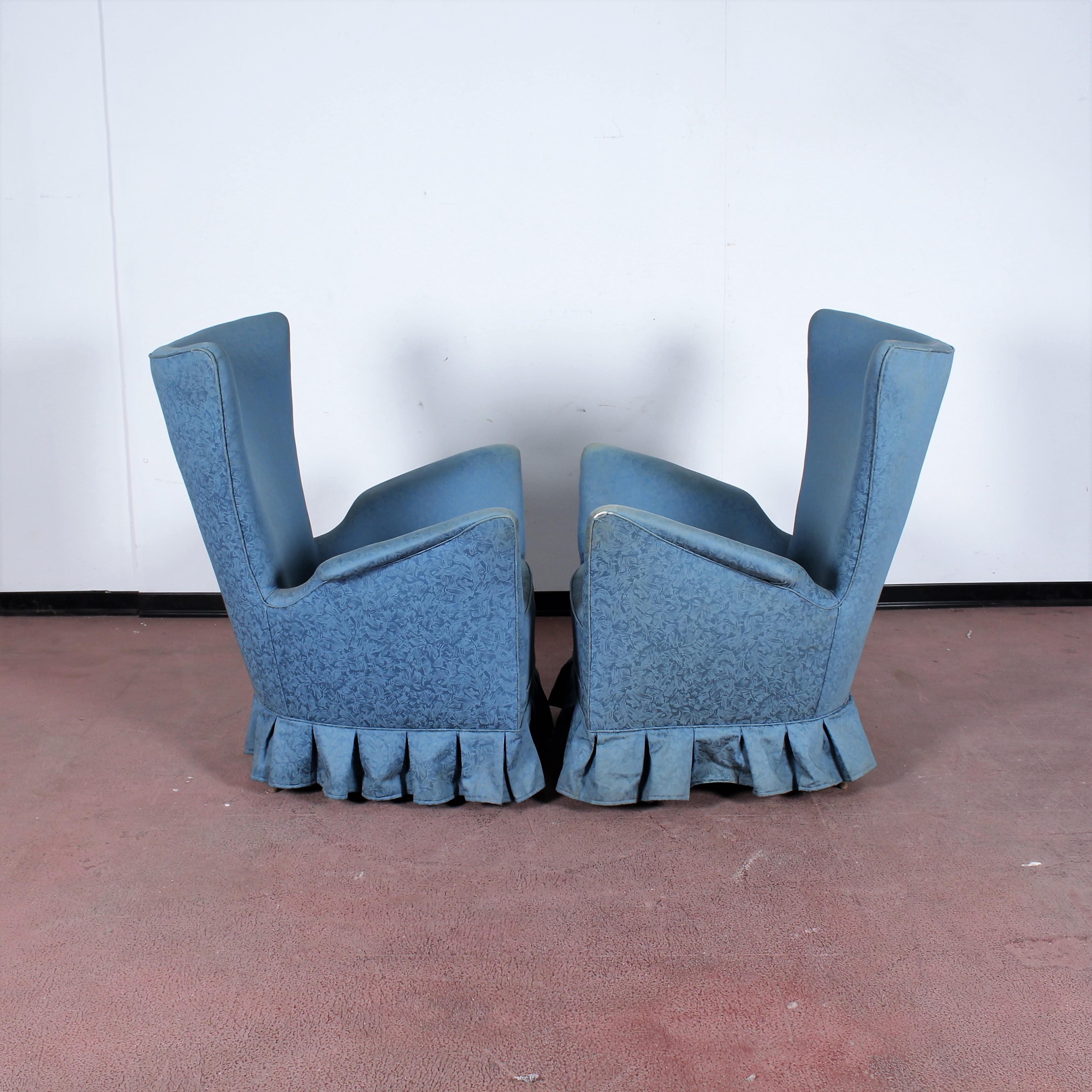 Midcentury Gio Ponti Style Blue Fabric Armchair, Set of 2, 1950s, Italy 1