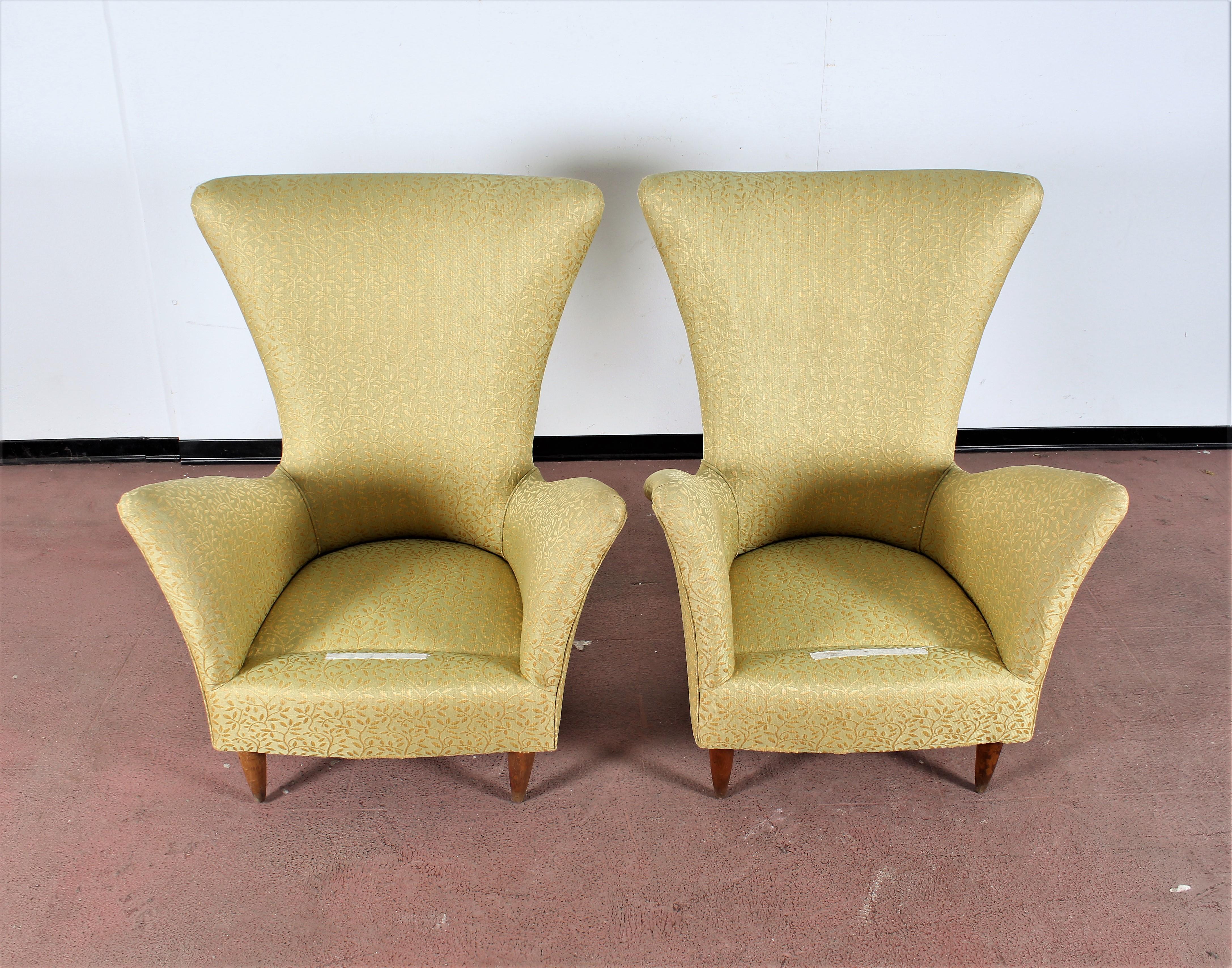 Midcentury Gio Ponti Style Gold Yellow Fabric Armchair, Set of 2, 1950s, Italy 6
