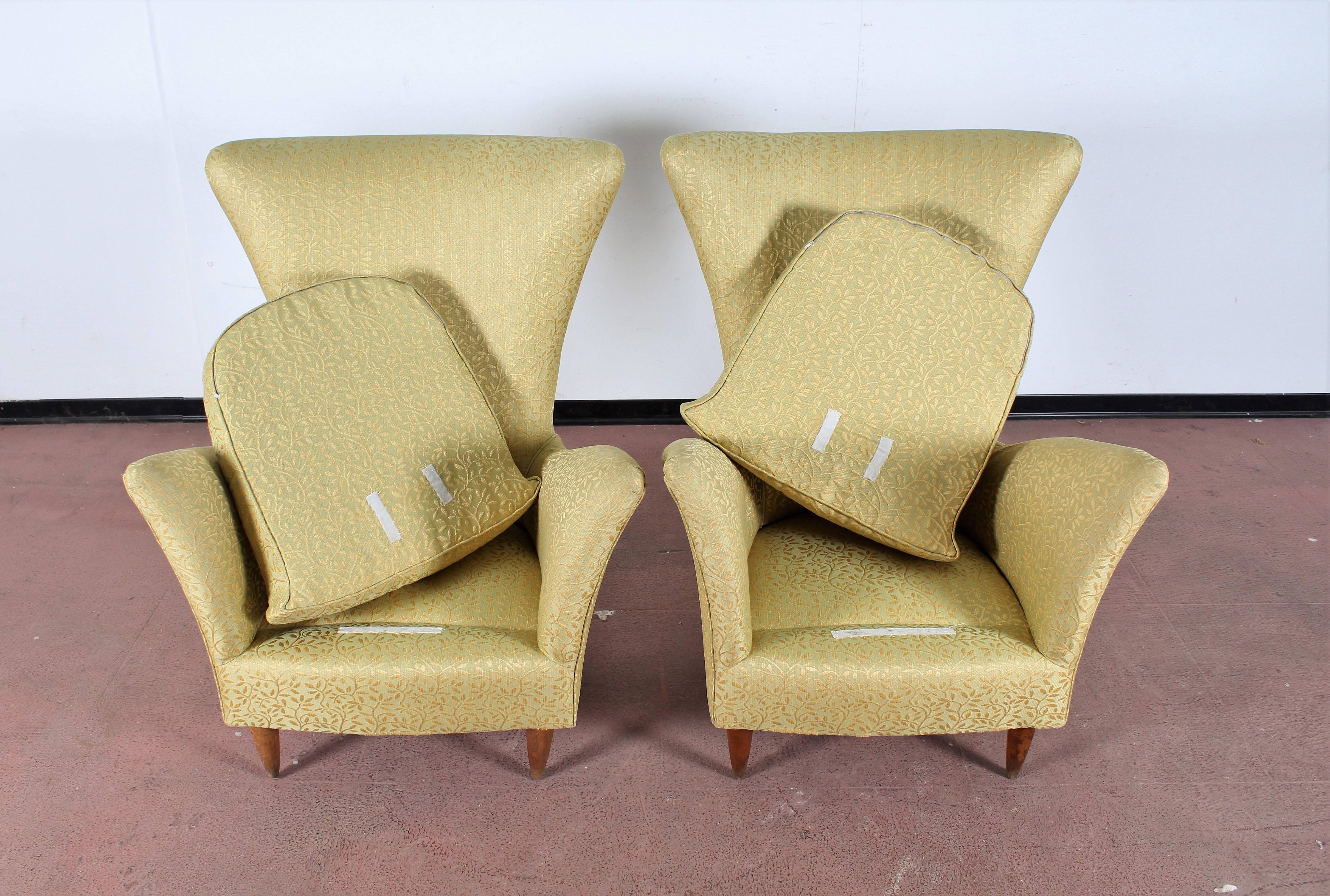 Midcentury Gio Ponti Style Gold Yellow Fabric Armchair, Set of 2, 1950s, Italy 8