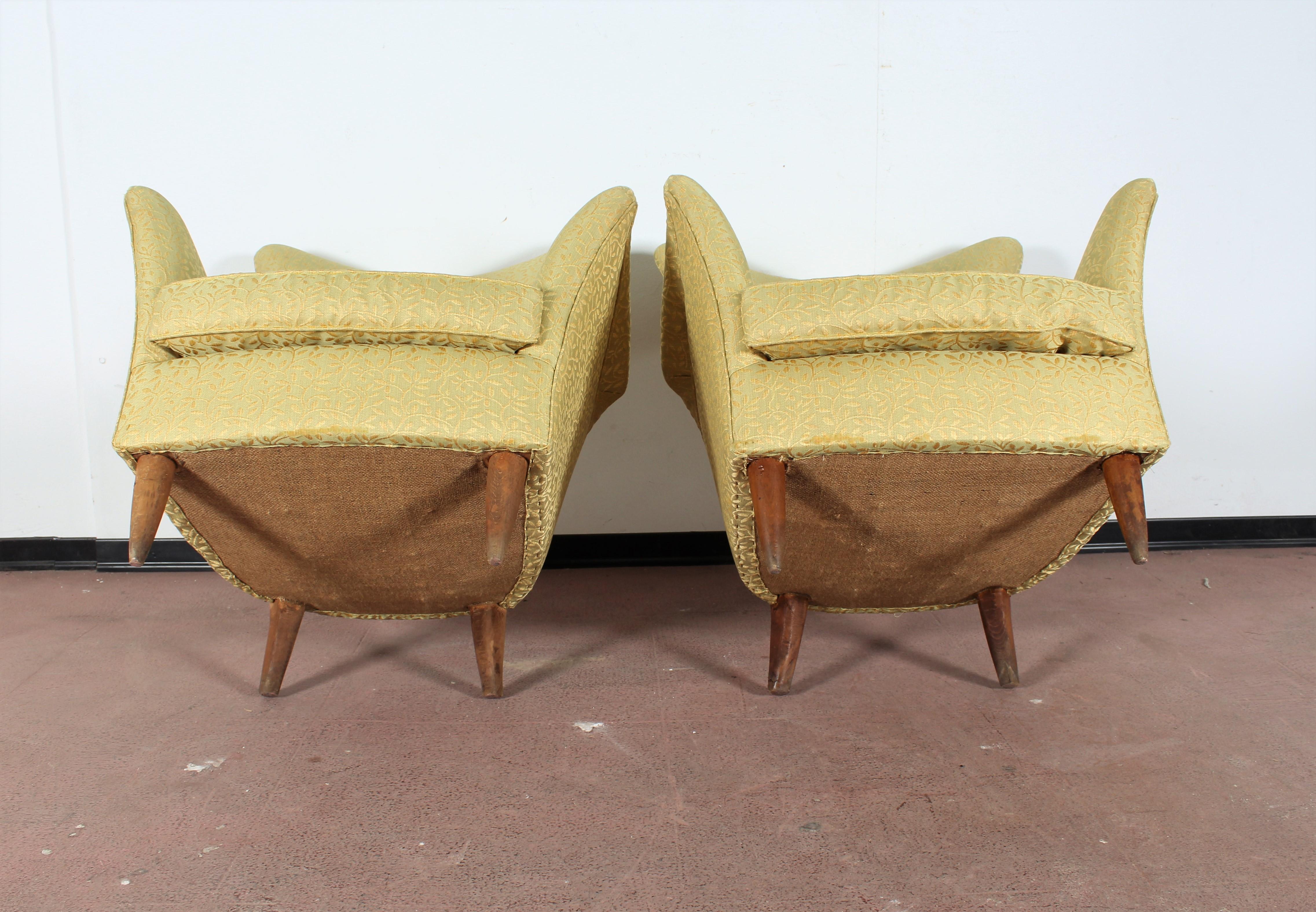 Midcentury Gio Ponti Style Gold Yellow Fabric Armchair, Set of 2, 1950s, Italy 9