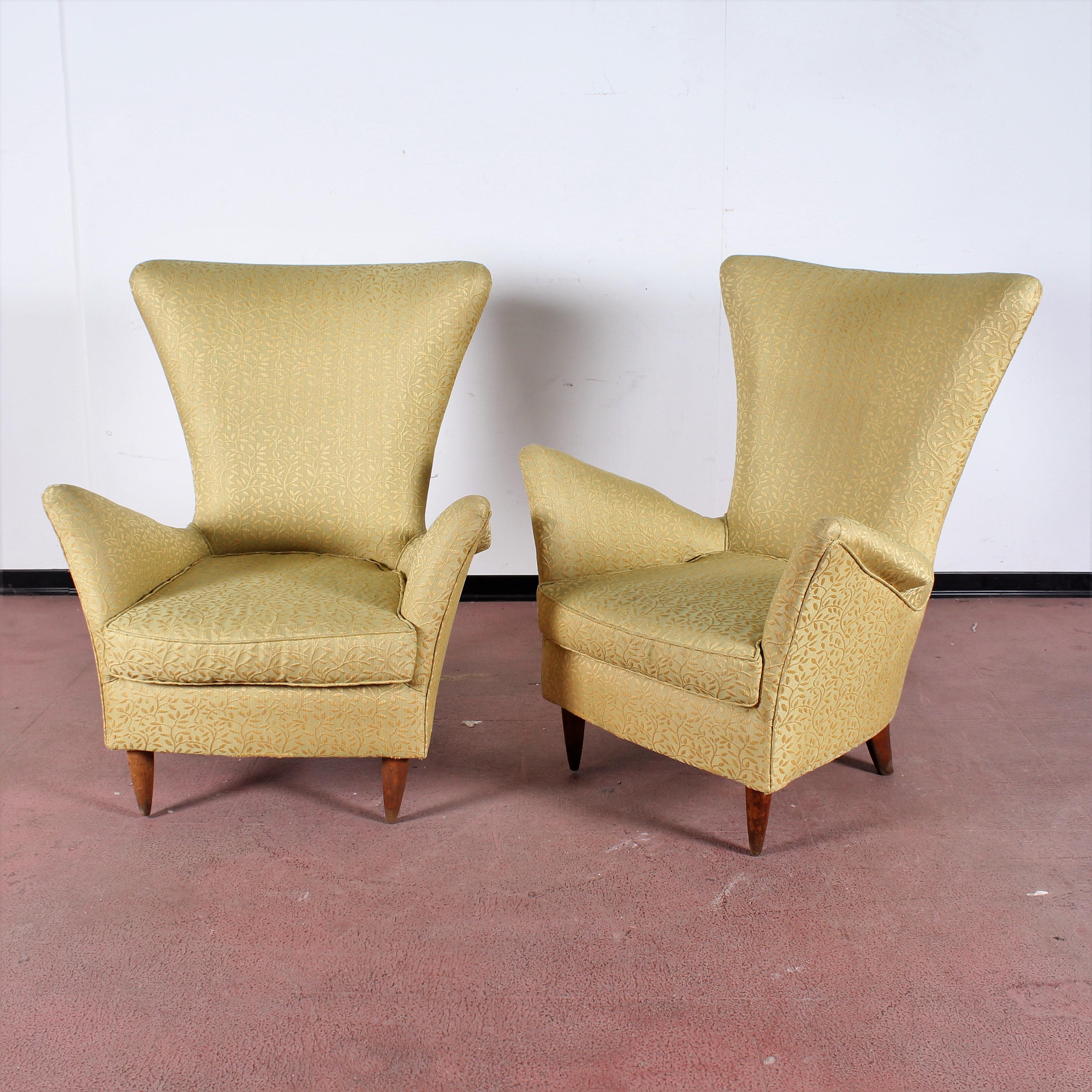 Mid-Century Modern Midcentury Gio Ponti Style Gold Yellow Fabric Armchair, Set of 2, 1950s, Italy