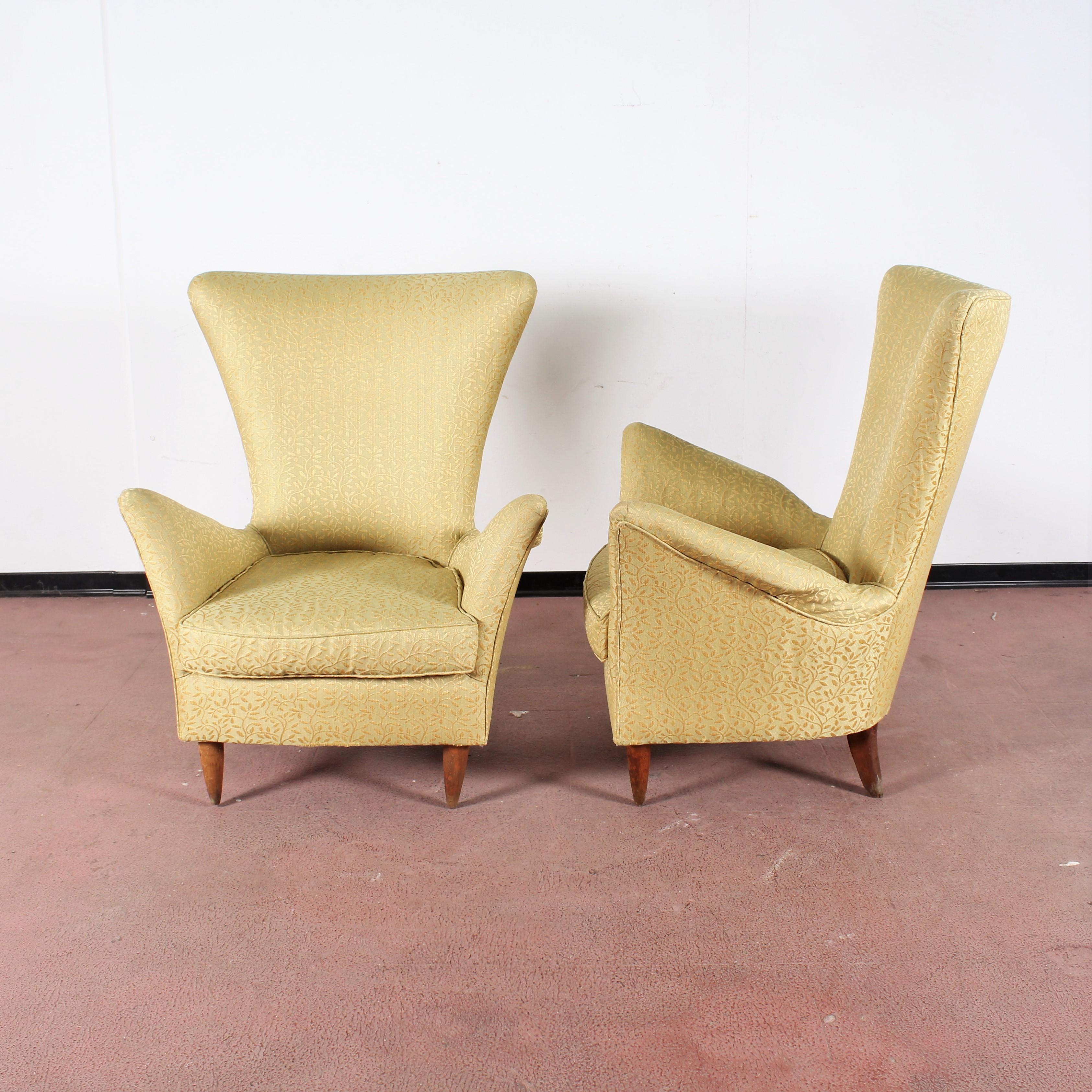 Italian Midcentury Gio Ponti Style Gold Yellow Fabric Armchair, Set of 2, 1950s, Italy