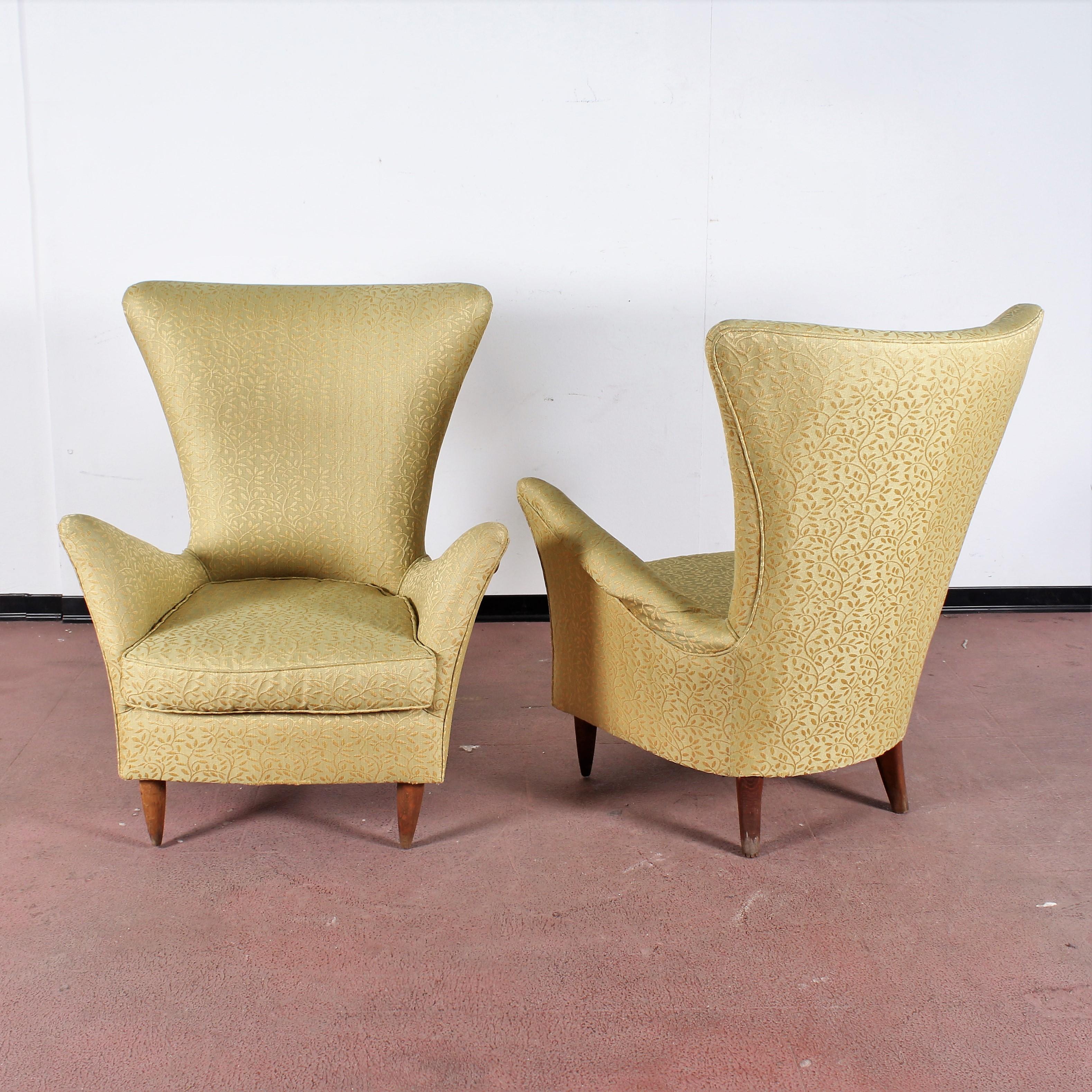 Midcentury Gio Ponti Style Gold Yellow Fabric Armchair, Set of 2, 1950s, Italy In Good Condition In Palermo, IT