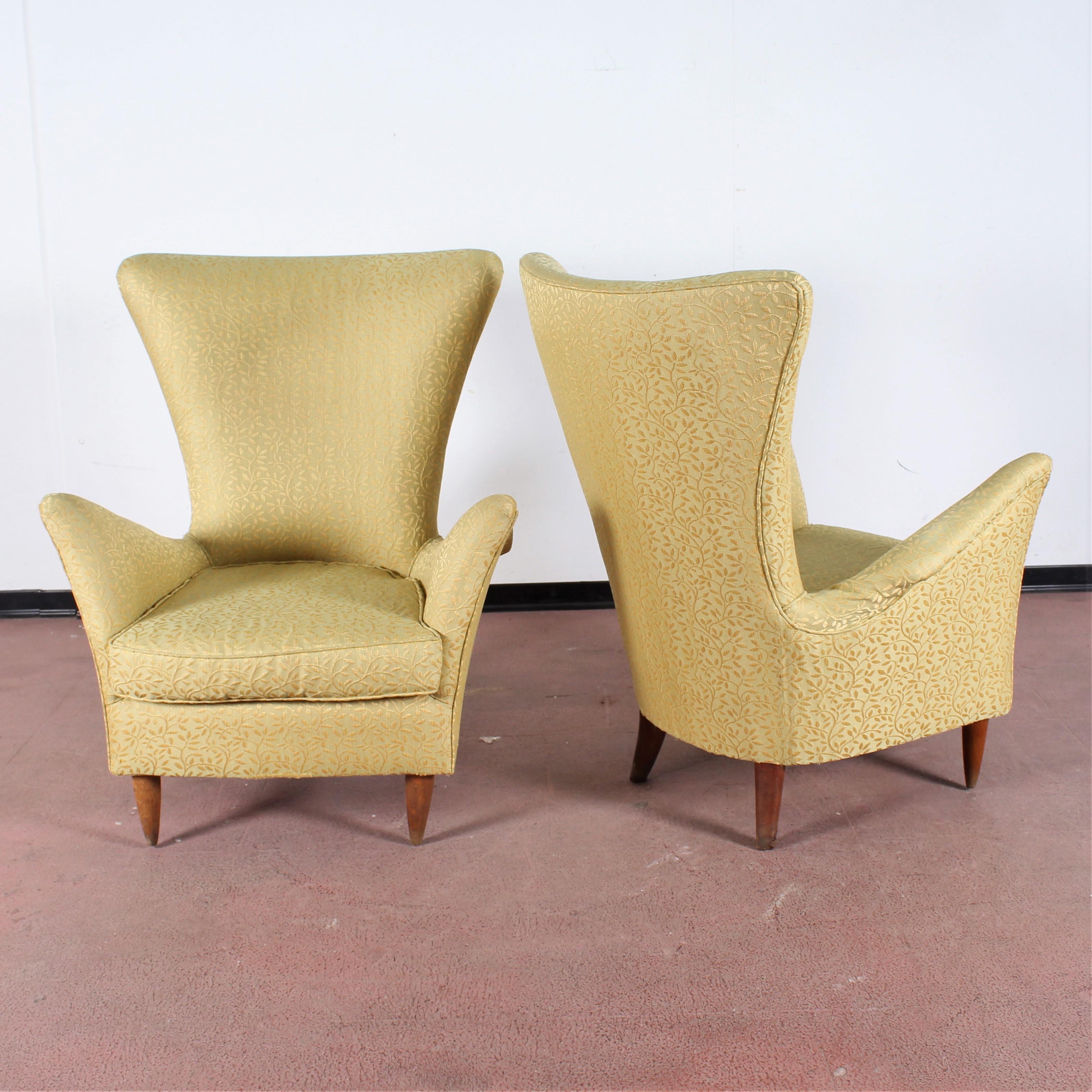 Midcentury Gio Ponti Style Gold Yellow Fabric Armchair, Set of 2, 1950s, Italy 1