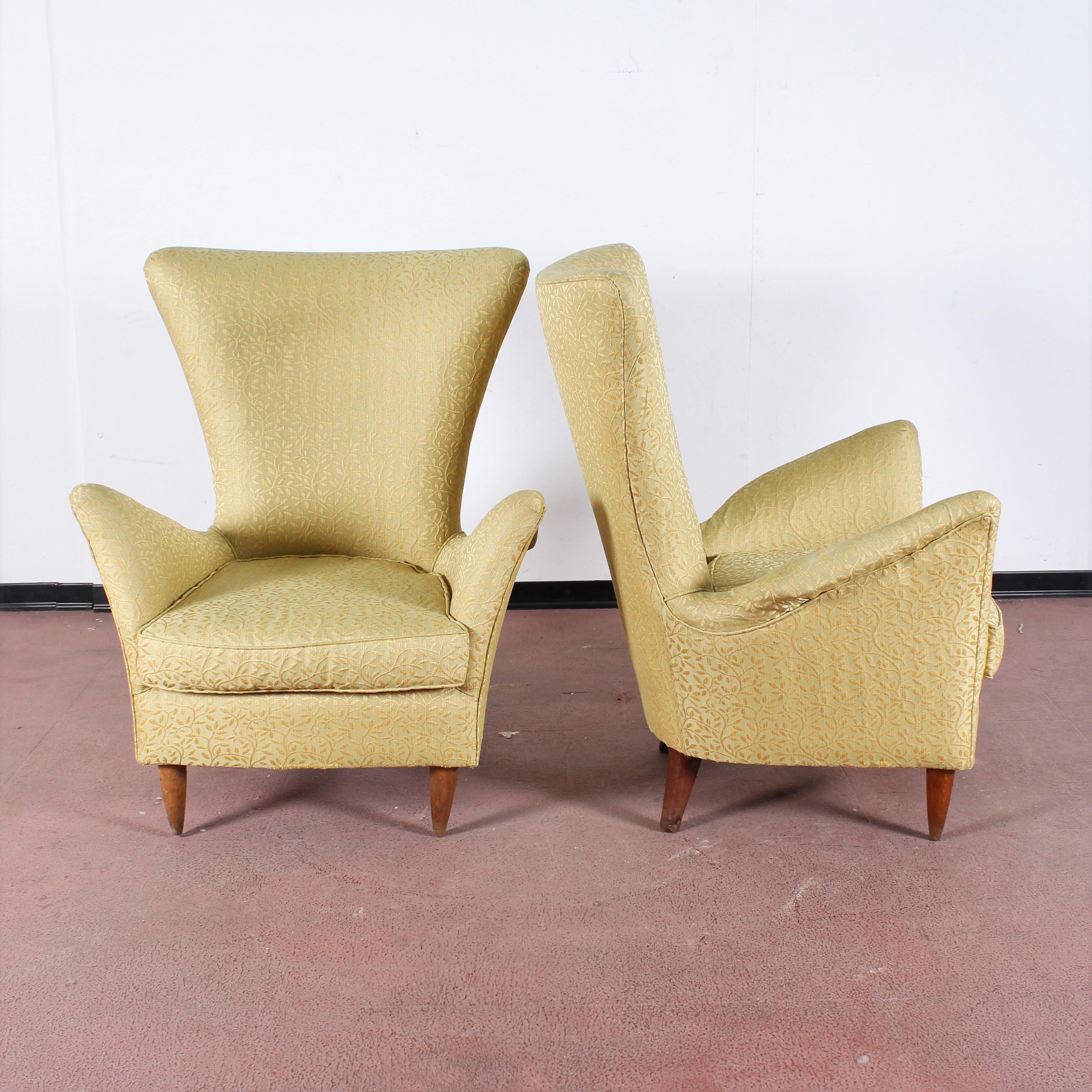 Midcentury Gio Ponti Style Gold Yellow Fabric Armchair, Set of 2, 1950s, Italy 2