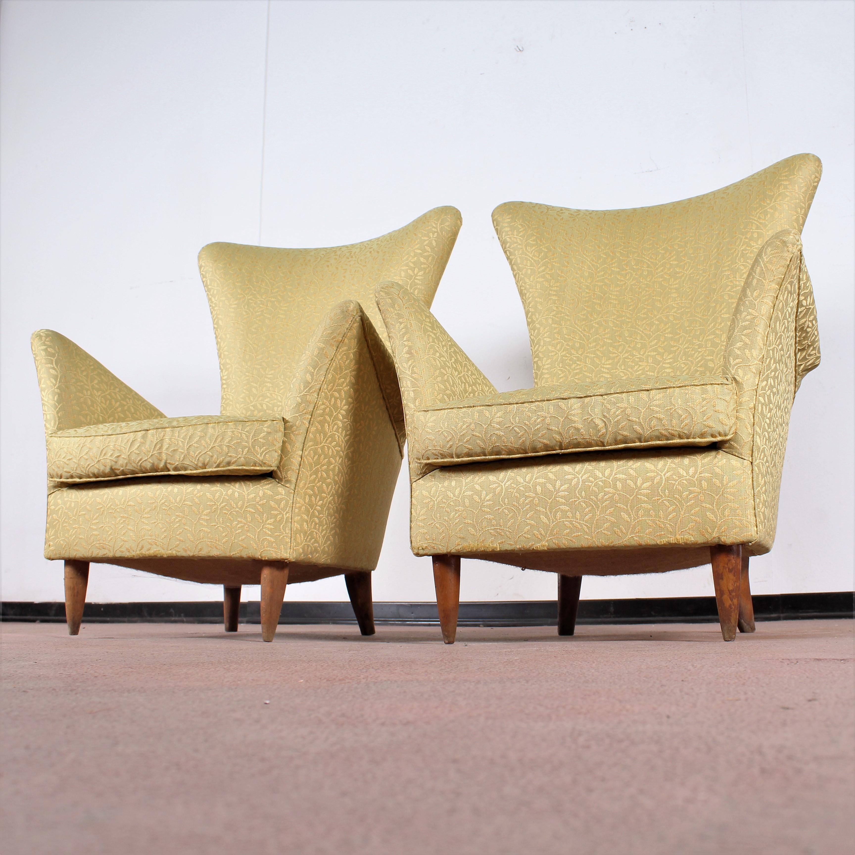 Midcentury Gio Ponti Style Gold Yellow Fabric Armchair, Set of 2, 1950s, Italy 3