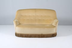Mid-Century Giò Ponti Style Wood and Beige Velvet Two-Seat Sofa, Italy, 1950s