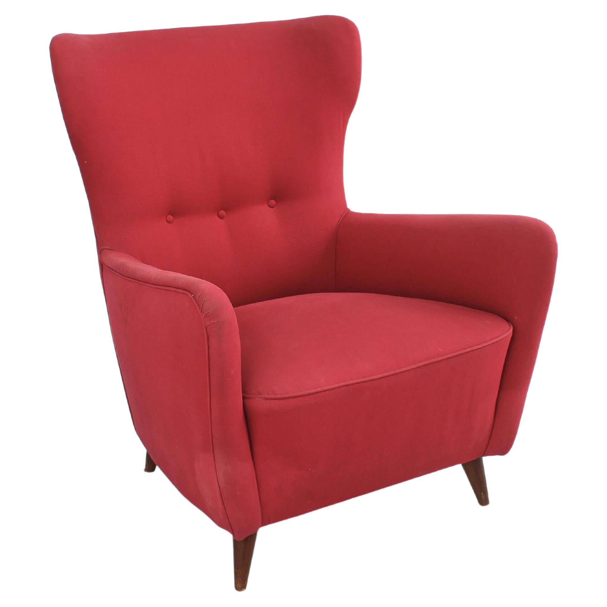 Midcentury Giò Ponti Style Wood and Red Fabric Armchair, circa 1950s Italy
