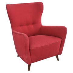 Midcentury Giò Ponti Style Wood and Red Fabric Armchair, circa 1950s Italy 