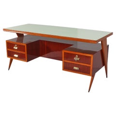 Mid-Century Giò Ponti Very Elegant Wood and Green Glass Desk Table, Italy, 1950s