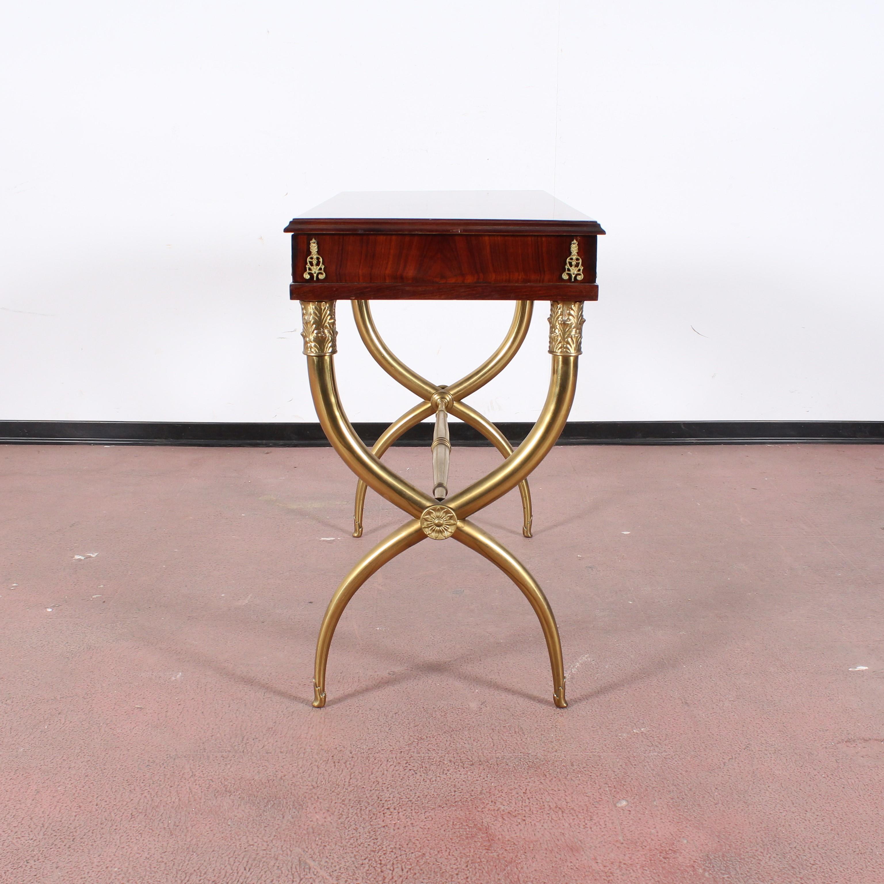 Italian Midcentury Gio Ponti Wood and Brass Console Table with Top Container 1950s Italy
