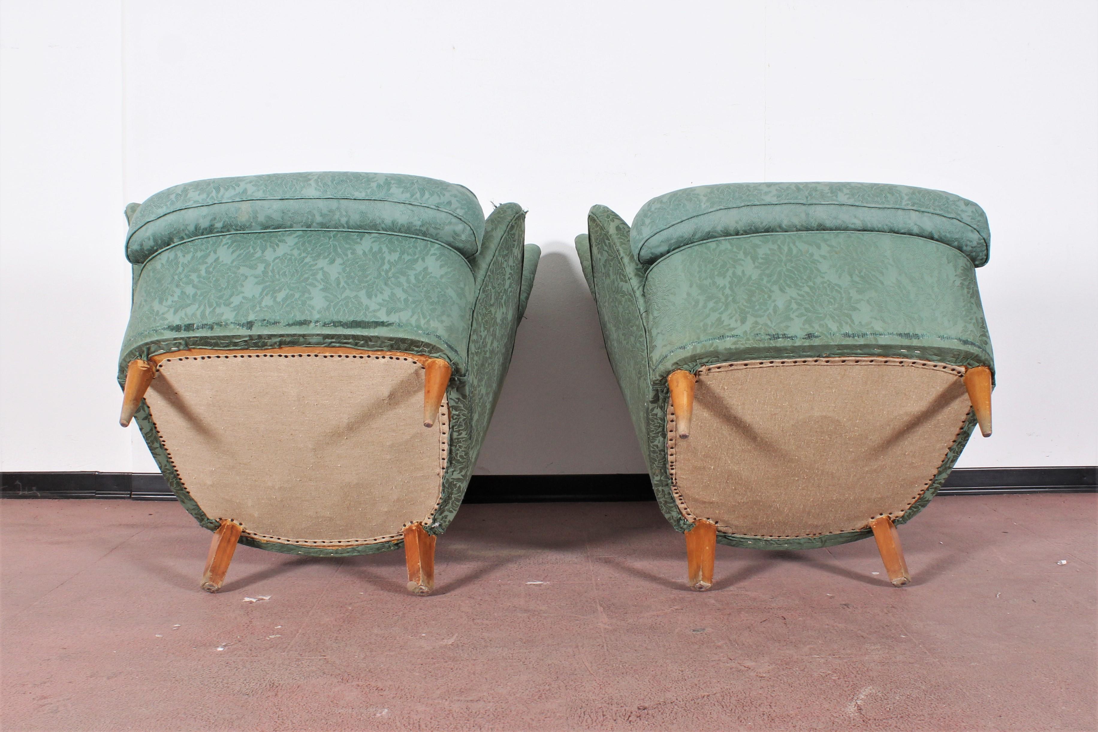 Midcentury Gio Ponti for ISA Pair of Armchairs Green Fabric, Italy, 1950s 12
