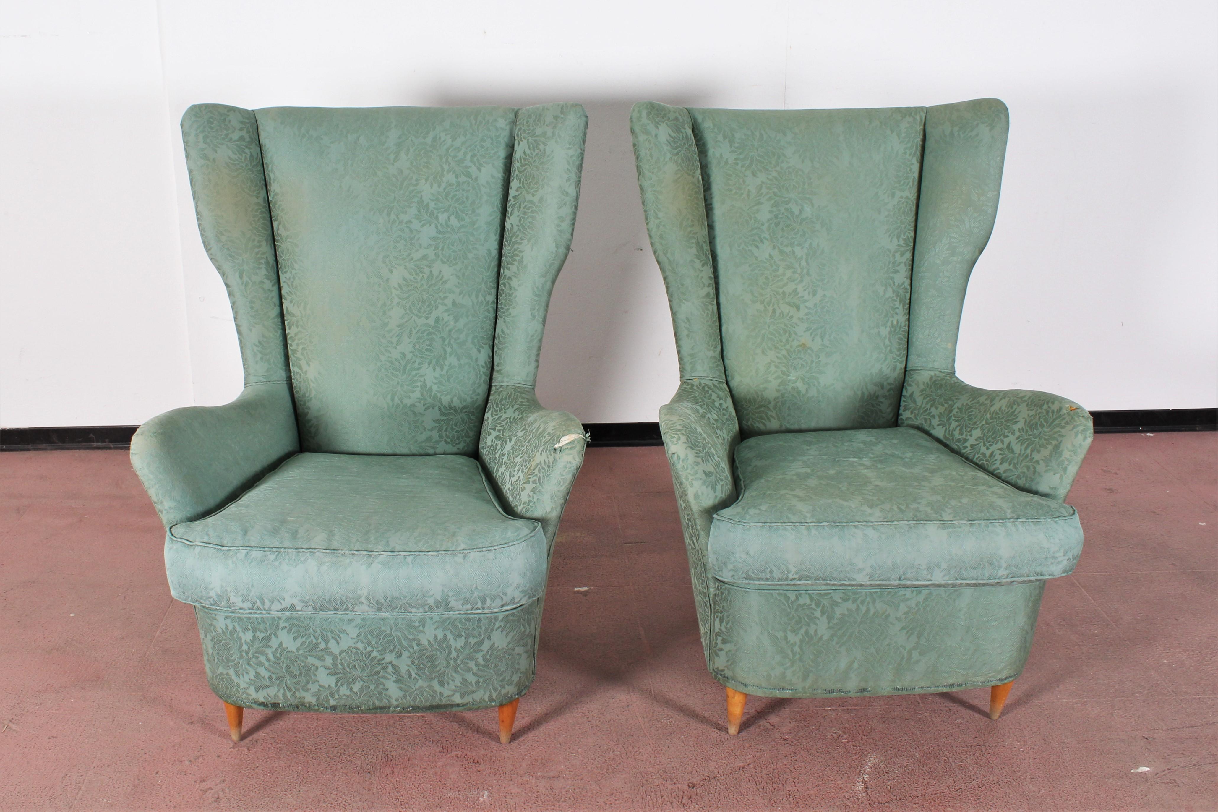 Midcentury Gio Ponti for ISA Pair of Armchairs Green Fabric, Italy, 1950s 13