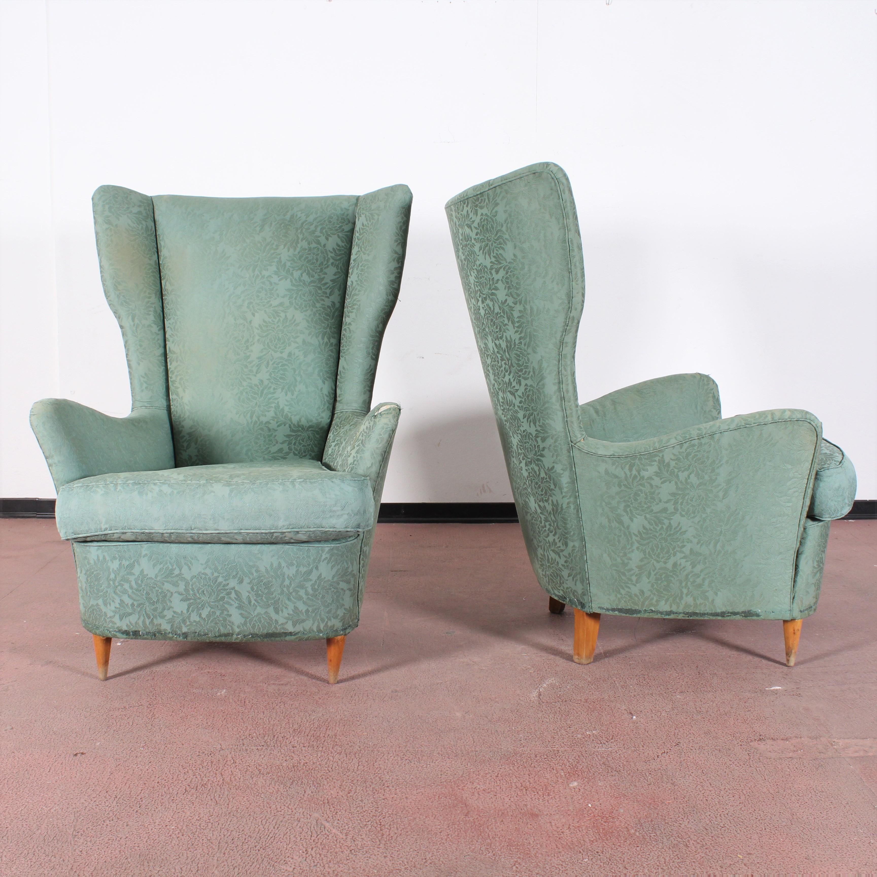 Mid-Century Modern Midcentury Gio Ponti for ISA Pair of Armchairs Green Fabric, Italy, 1950s