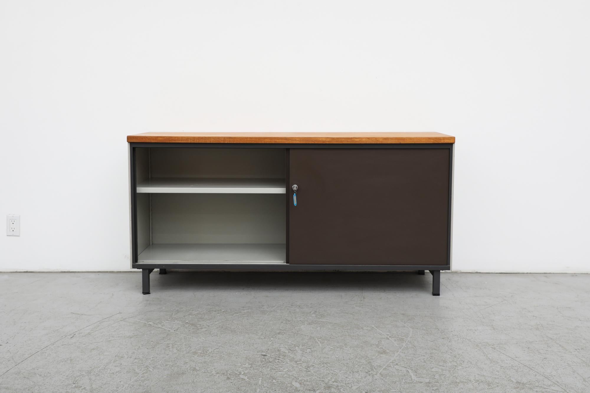 Dutch Mid-Century Gispen Industrial Credenza with Wood Top For Sale