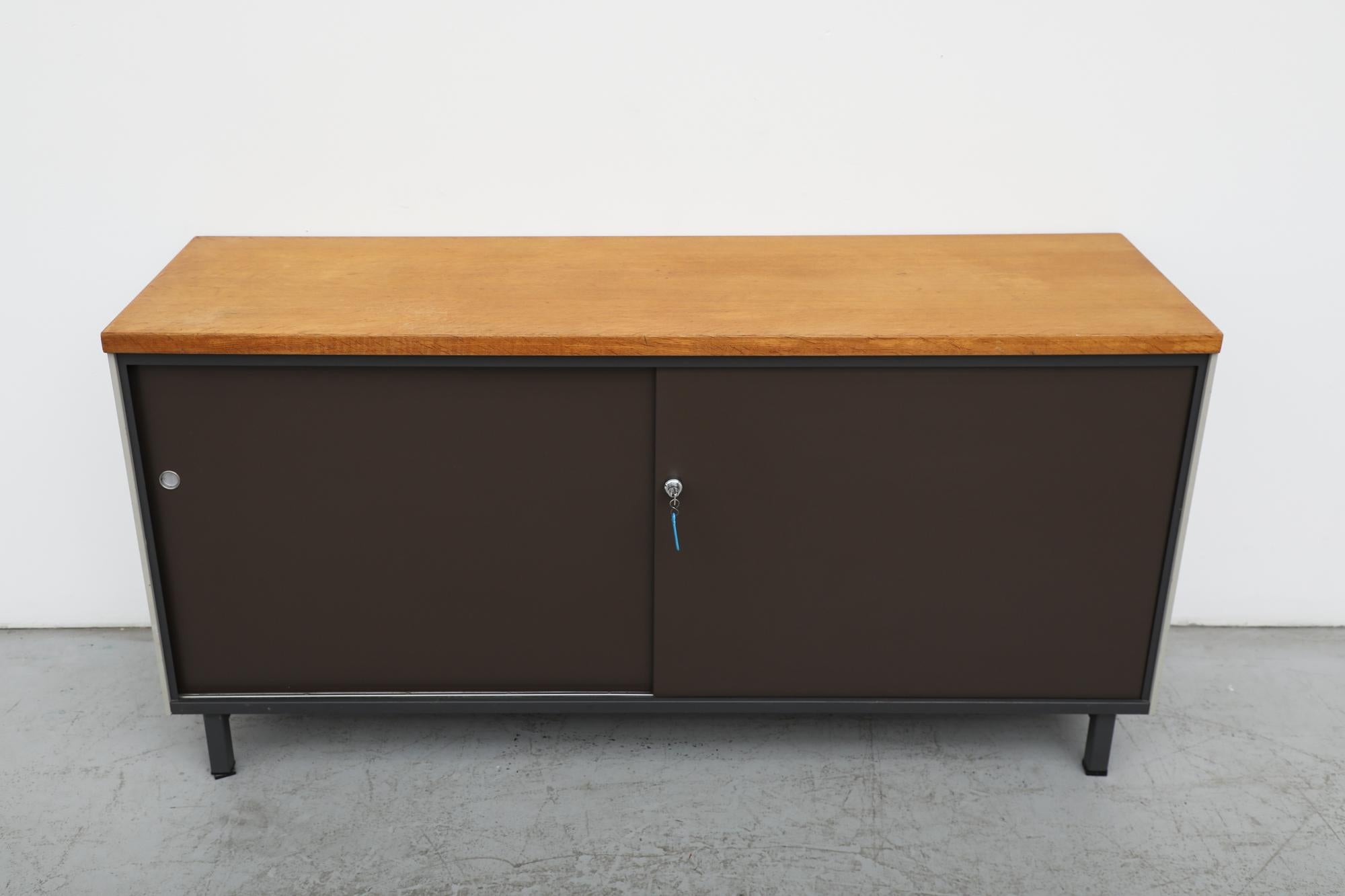 Enameled Mid-Century Gispen Industrial Credenza with Wood Top For Sale