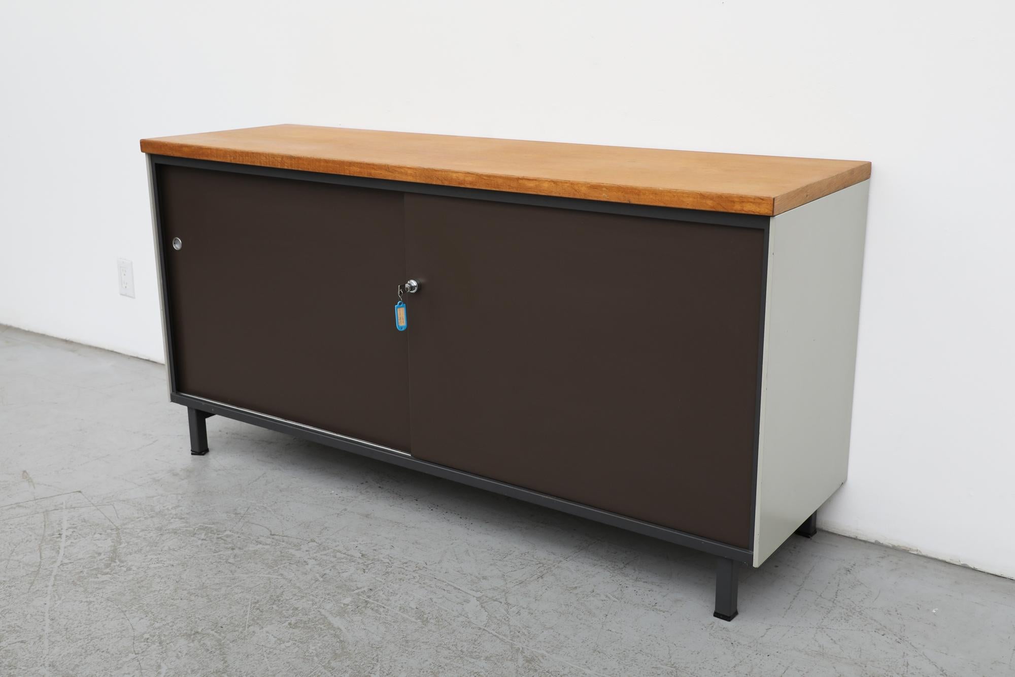Mid-Century Gispen Industrial Credenza with Wood Top In Good Condition For Sale In Los Angeles, CA