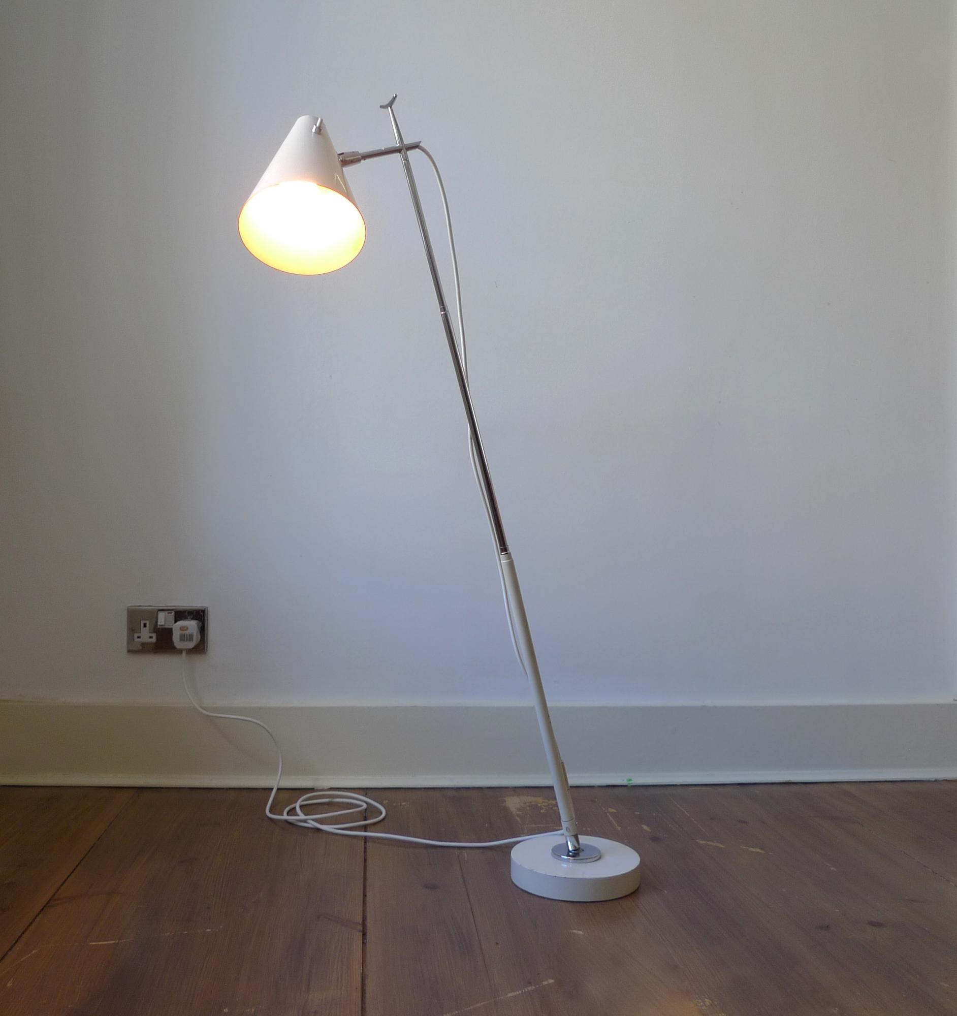 For sale a very rare and highly collectable Mid-Century Modernist, Model 201 telescopic Table/Floor Lamp designed by Giuseppe Ostuni for O’Luce, Milano in c.1955.

The design comprises a cream lacquered base, pivoting lower stem & shade and a chrome