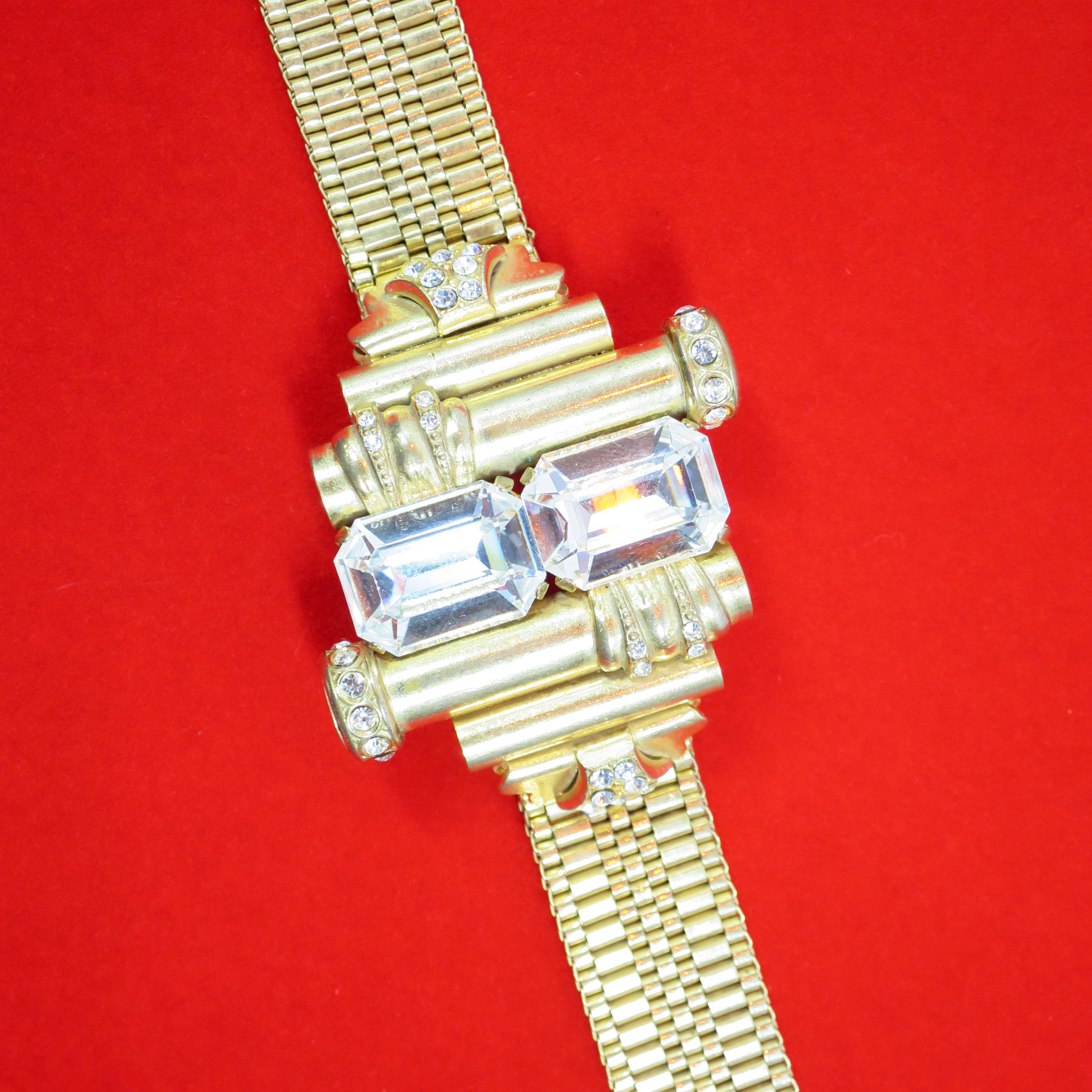 Women's Mid-Century Glam Architectural Woven Link Crystal Bracelet, 1940s For Sale