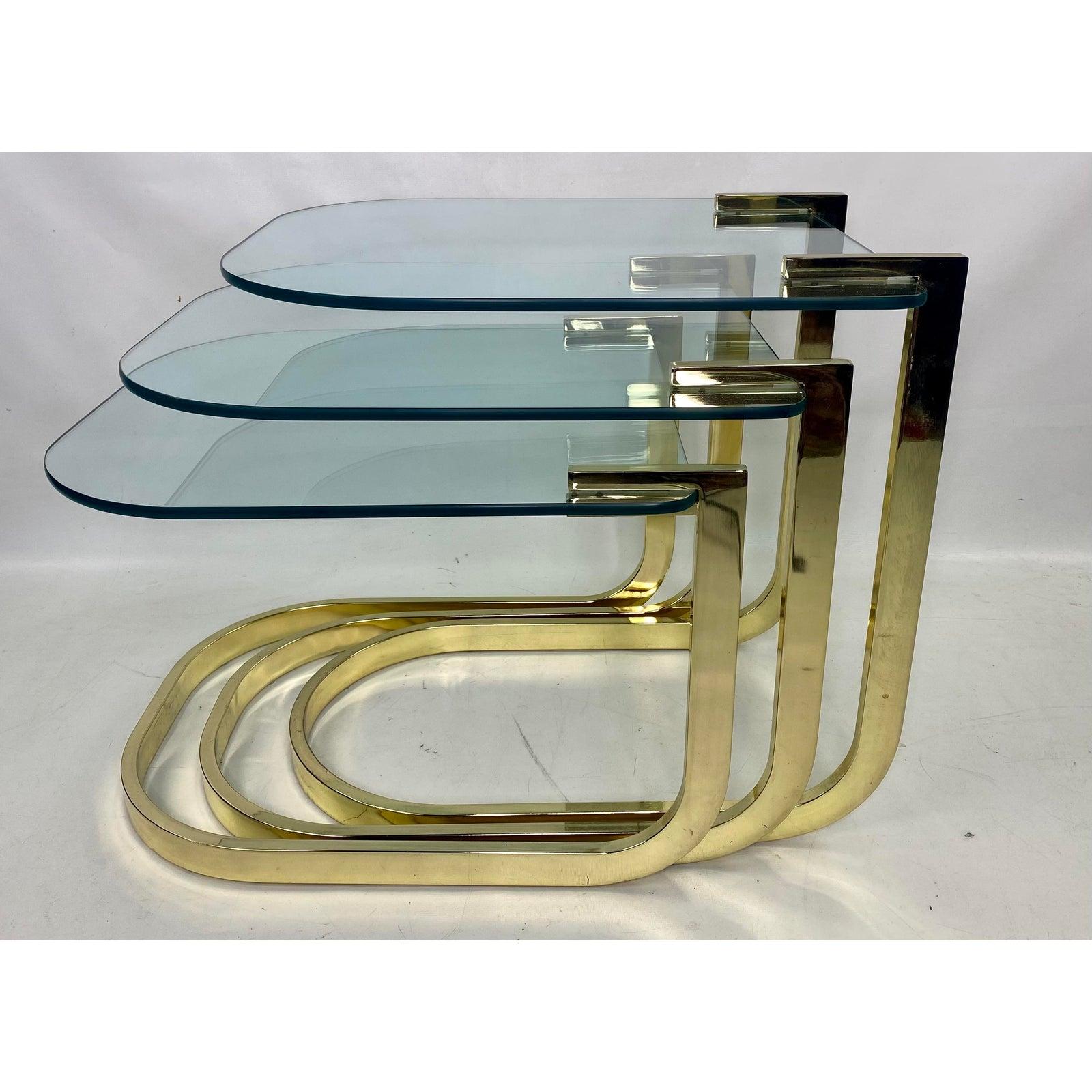 American Mid-Century Glass and Brass Nesting Tables by Design Institute America For Sale