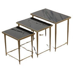 Mid-Century Glass and Brass Nesting Tables-Set of 3 Black and Brass Side Tables
