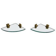 Mid-Century Glass and Brass Pair of Floating Corner Wall Shelfs, 1960s, Italy