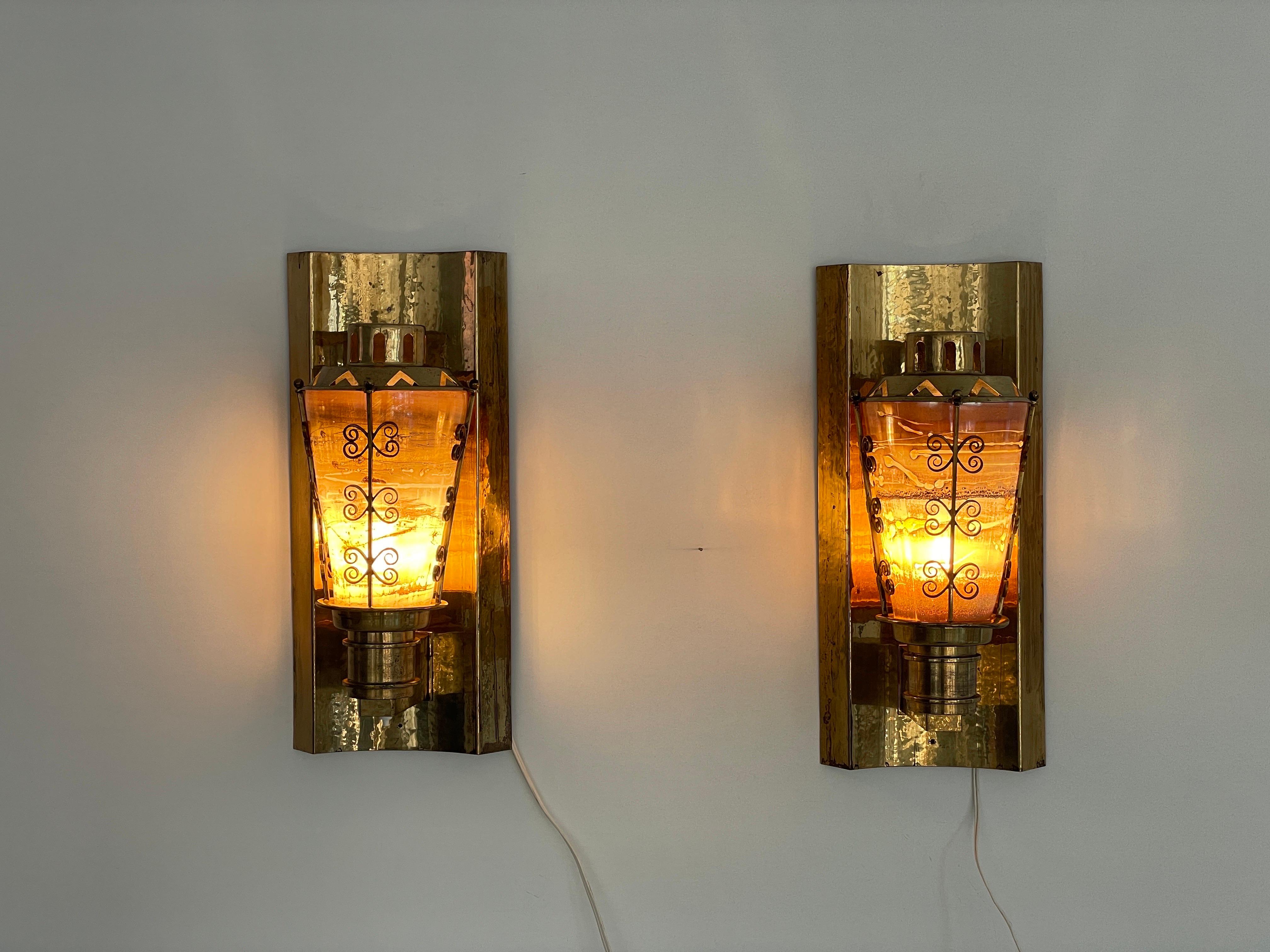 Mid-century Glass and Brass Pair of Large Cinema Sconces, 1950s, Germany For Sale 4