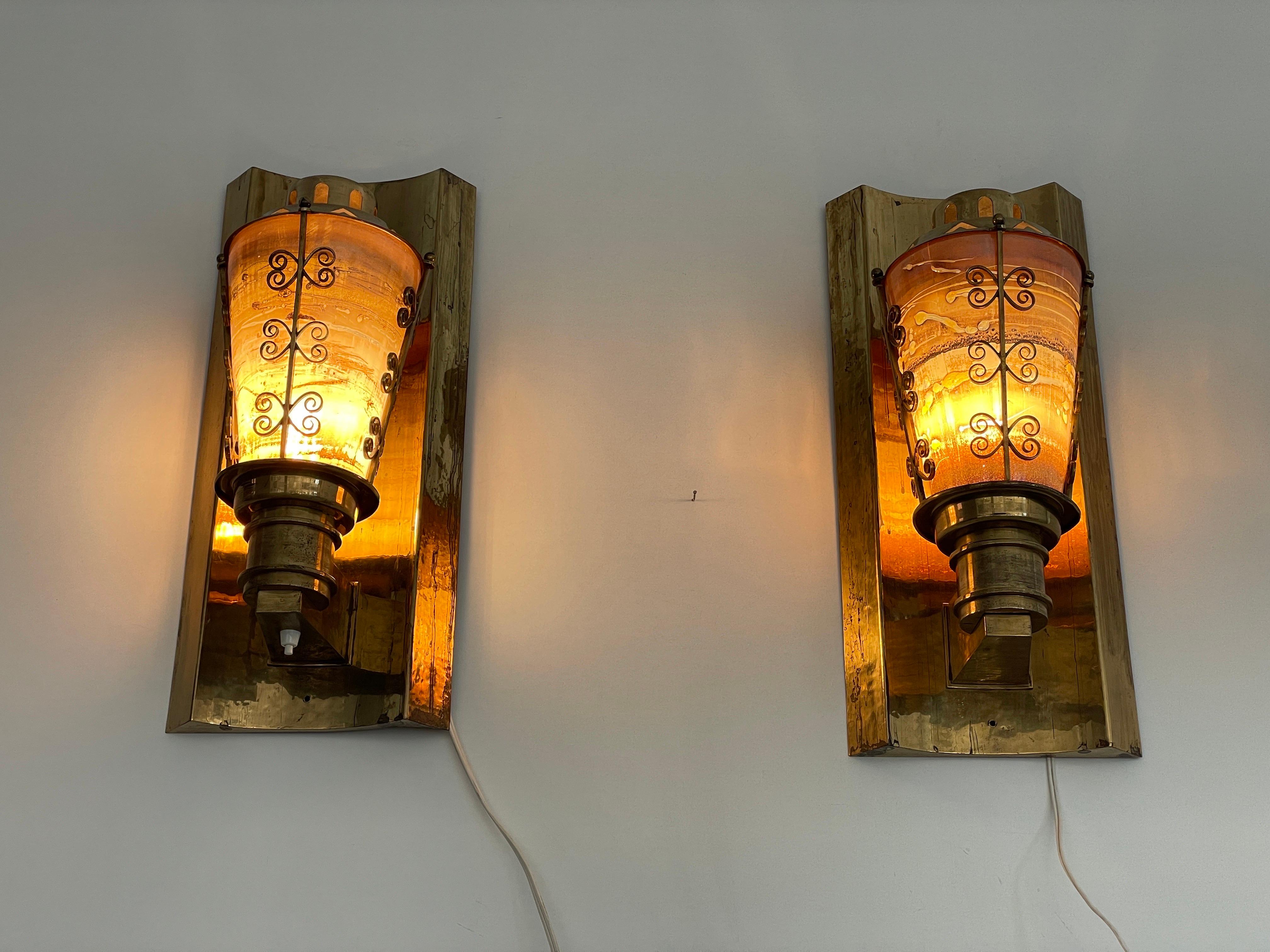 Mid-century Glass and Brass Pair of Large Cinema Sconces, 1950s, Germany For Sale 9