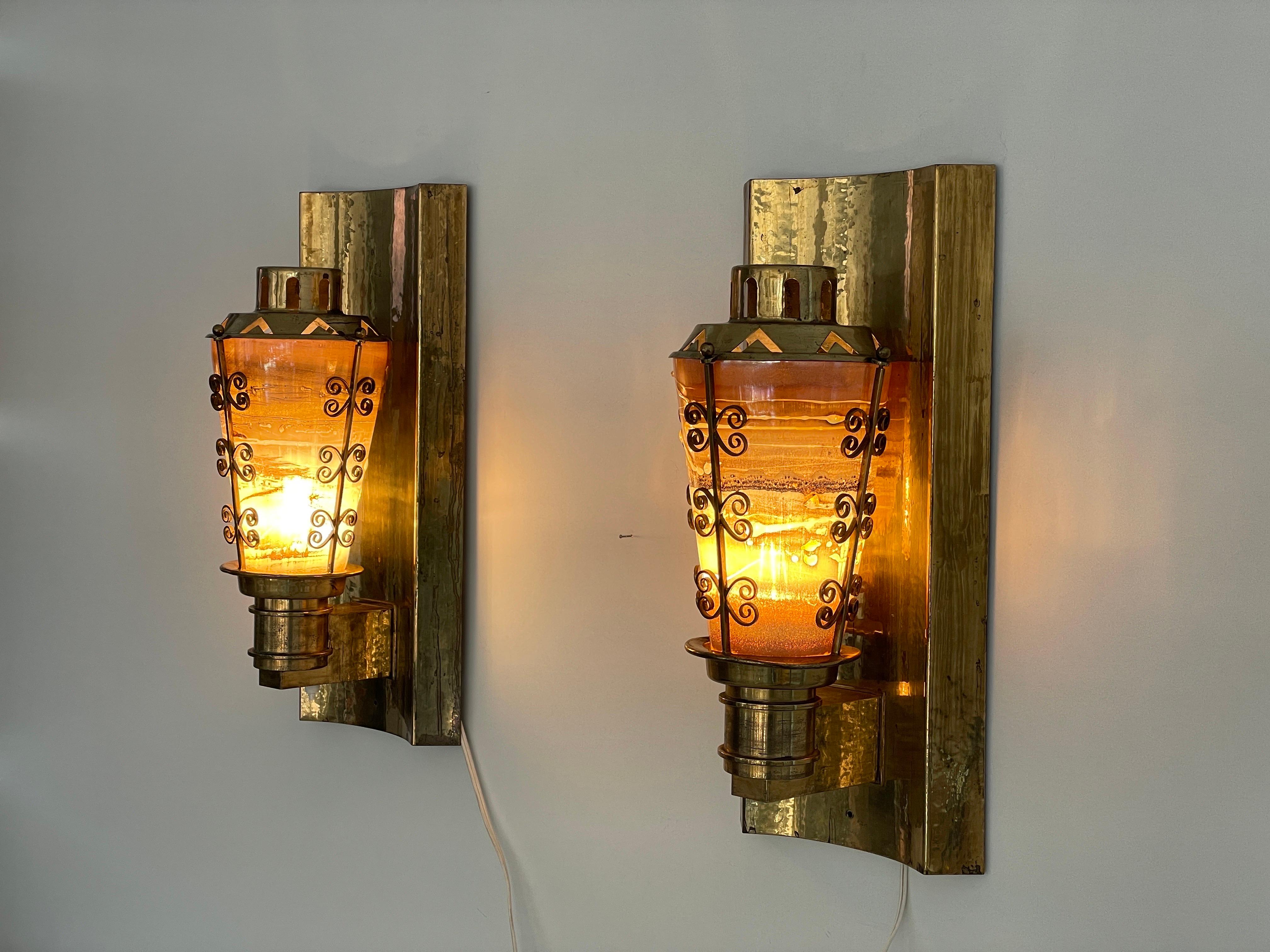 Mid-century Glass and Brass Pair of Large Cinema Sconces, 1950s, Germany For Sale 10