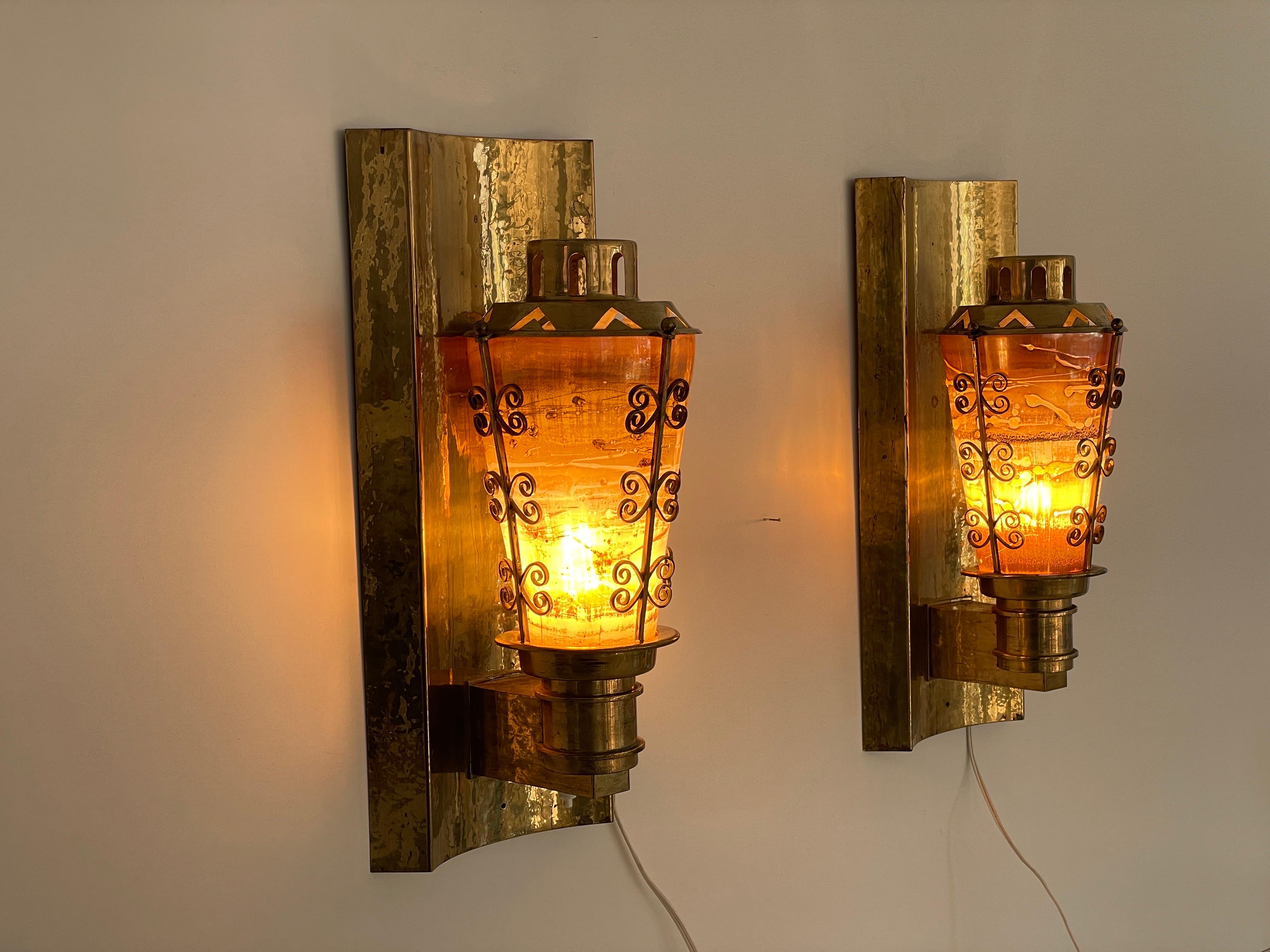 Mid-century Glass and Brass Pair of Large Cinema Sconces, 1950s, Germany For Sale 11