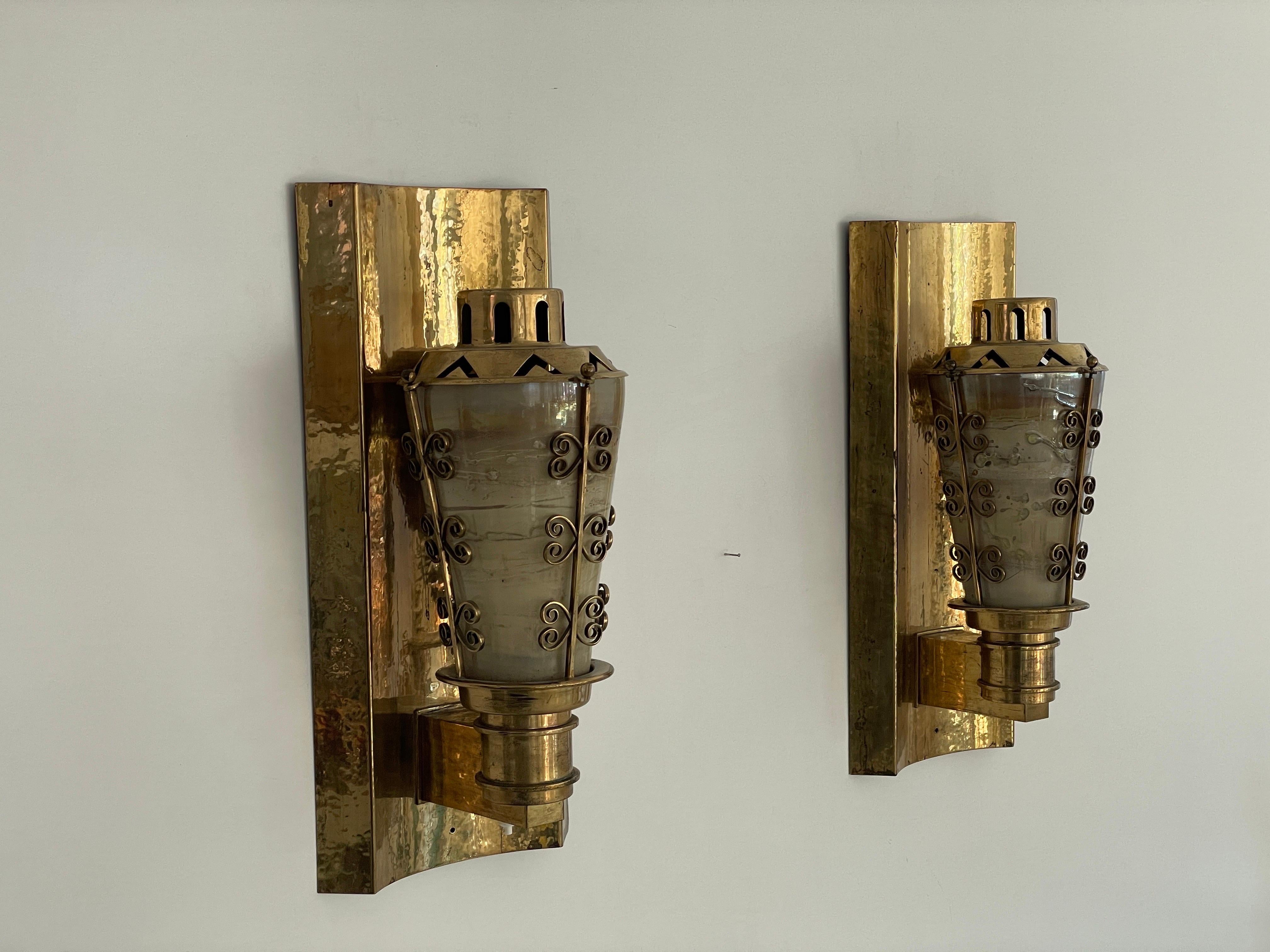 Mid-Century Modern Mid-century Glass and Brass Pair of Large Cinema Sconces, 1950s, Germany For Sale