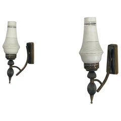 Mid-Century Glass and Brass Pair of Sconces, 1950s, Italy