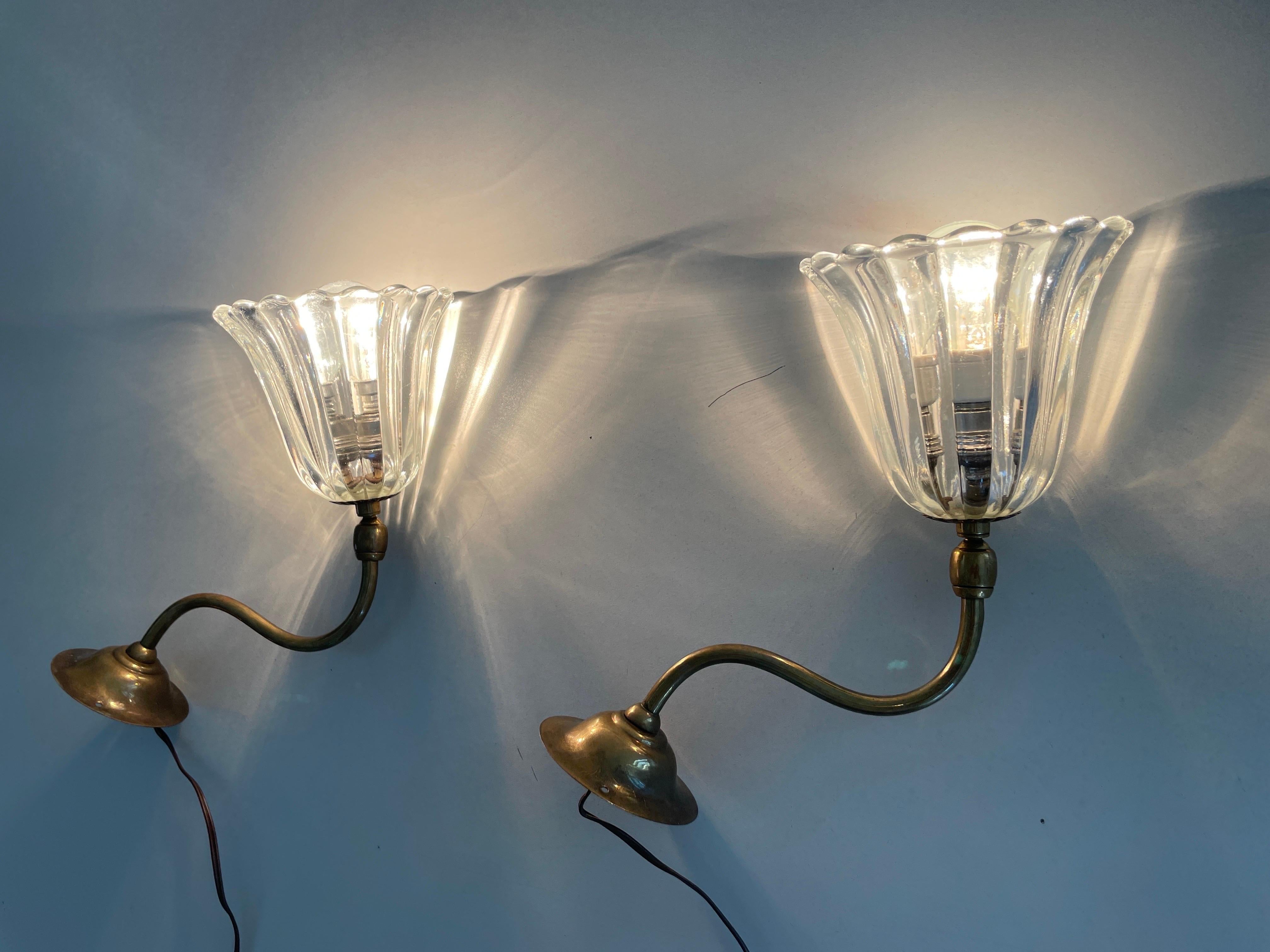 Mid-century Glass and Brass Pair of Sconces by Barovier & Toso, 1950s, Italy For Sale 9